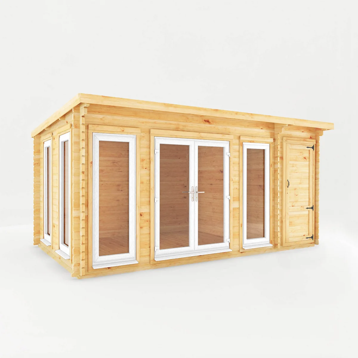 Mercia Studio 10' 11" x 16' 10" Pent Cabin with Shed - Premium 44mm Cladding Loglap - White UPVC - Image 6