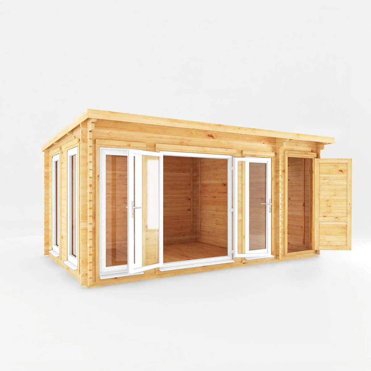 Mercia Studio 10' 11" x 16' 10" Pent Cabin with Shed - Premium 44mm Cladding Loglap - White UPVC - Image 7