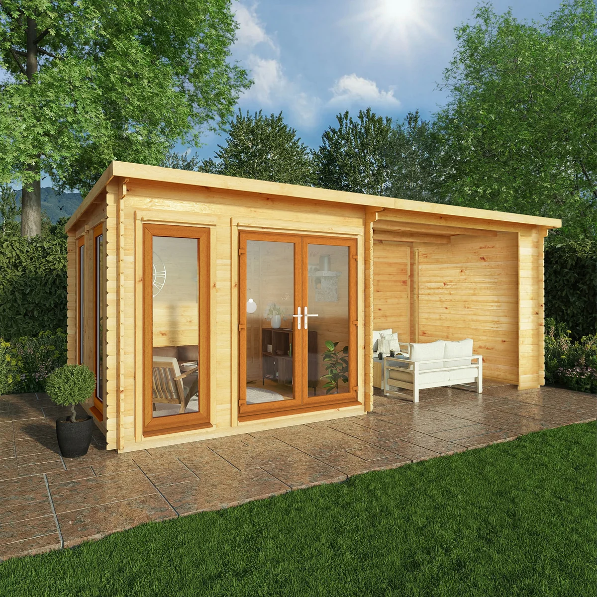 Mercia Studio 10' 11" x 19' 4" Pent Log Cabin - Premium 44mm Cladding Loglap - Brown UPVC - Image 7