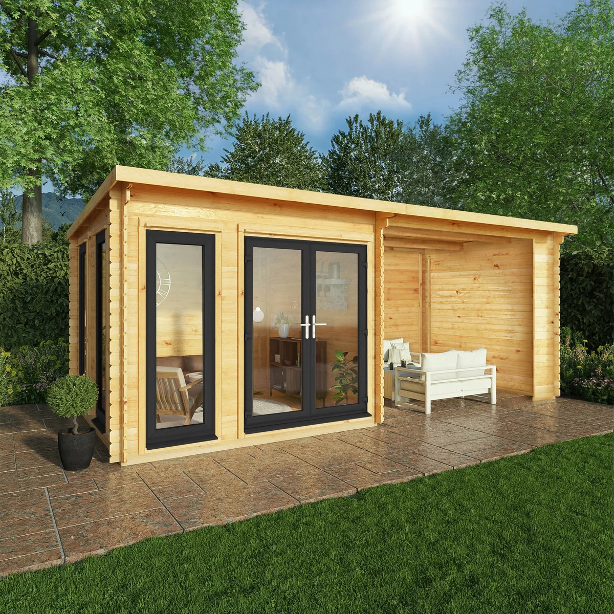 Mercia Studio 10' 11" x 19' 4" Pent Log Cabin - Premium 44mm Cladding Loglap - Grey UPVC - Image 5
