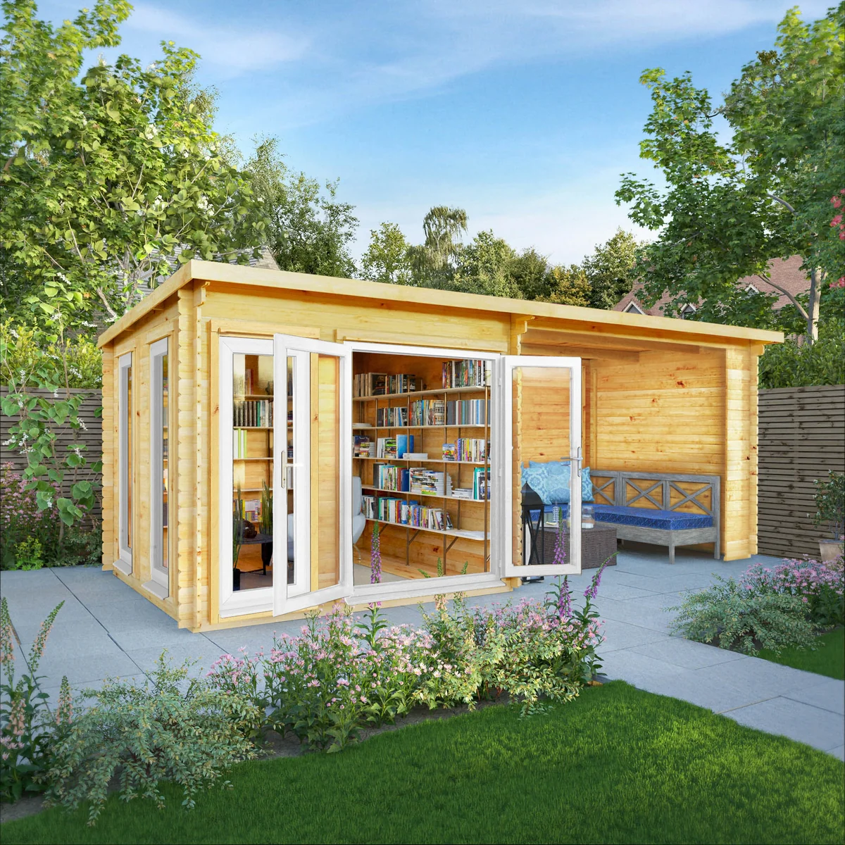 Mercia Studio 10' 11" x 19' 4" Pent Log Cabin - Premium 44mm Cladding Loglap - White UPVC - Image 11