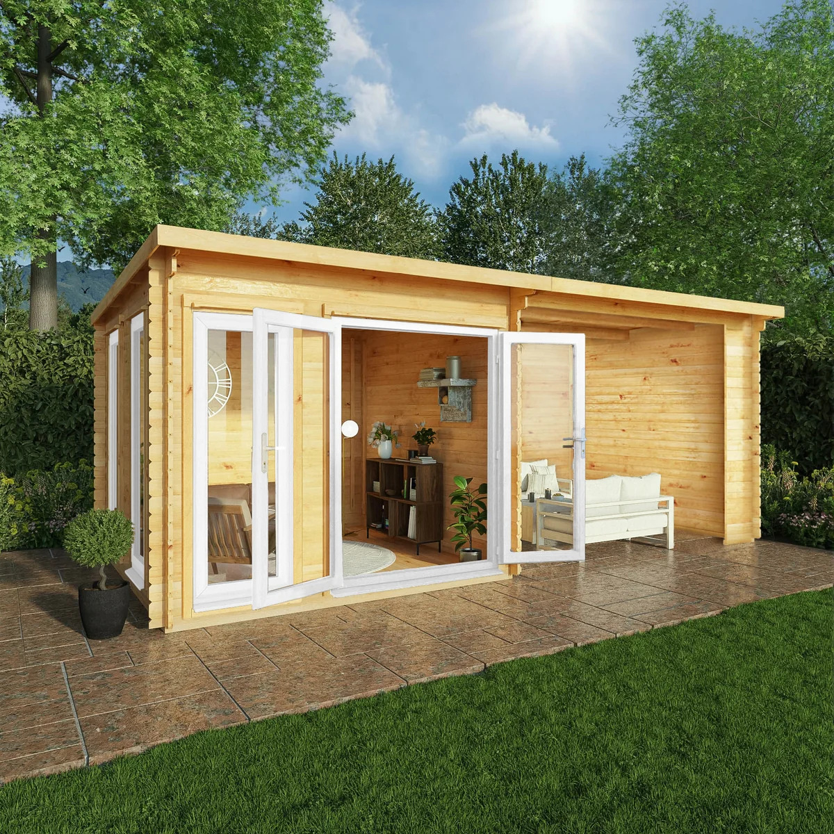 Mercia Studio 10' 11" x 19' 4" Pent Log Cabin - Premium 44mm Cladding Loglap - White UPVC - Image 3