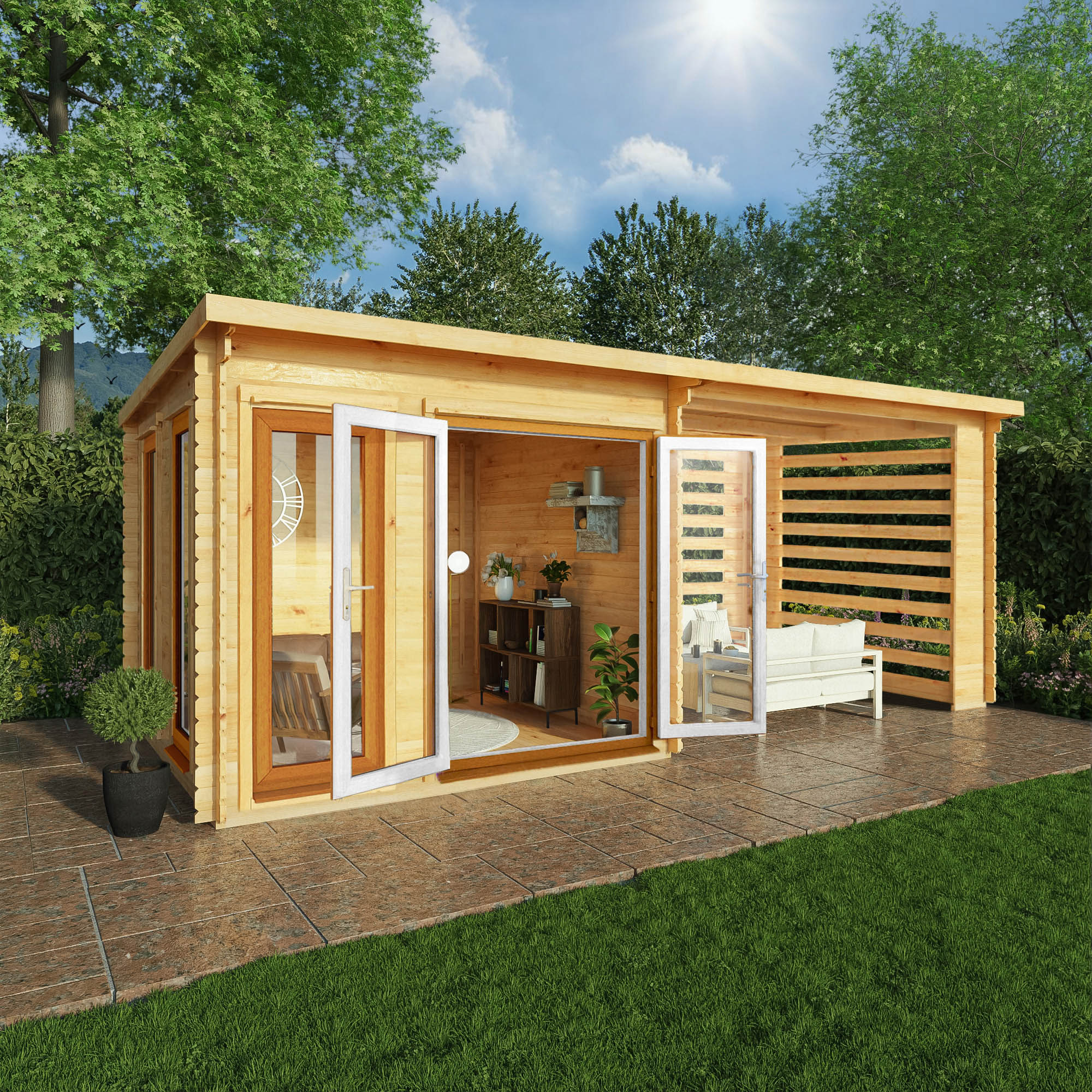 Mercia Studio 10' 11" x 19' 4" Pent Log Cabin Slatted - Premium 44mm Cladding Loglap - Brown UPVC - Image 2
