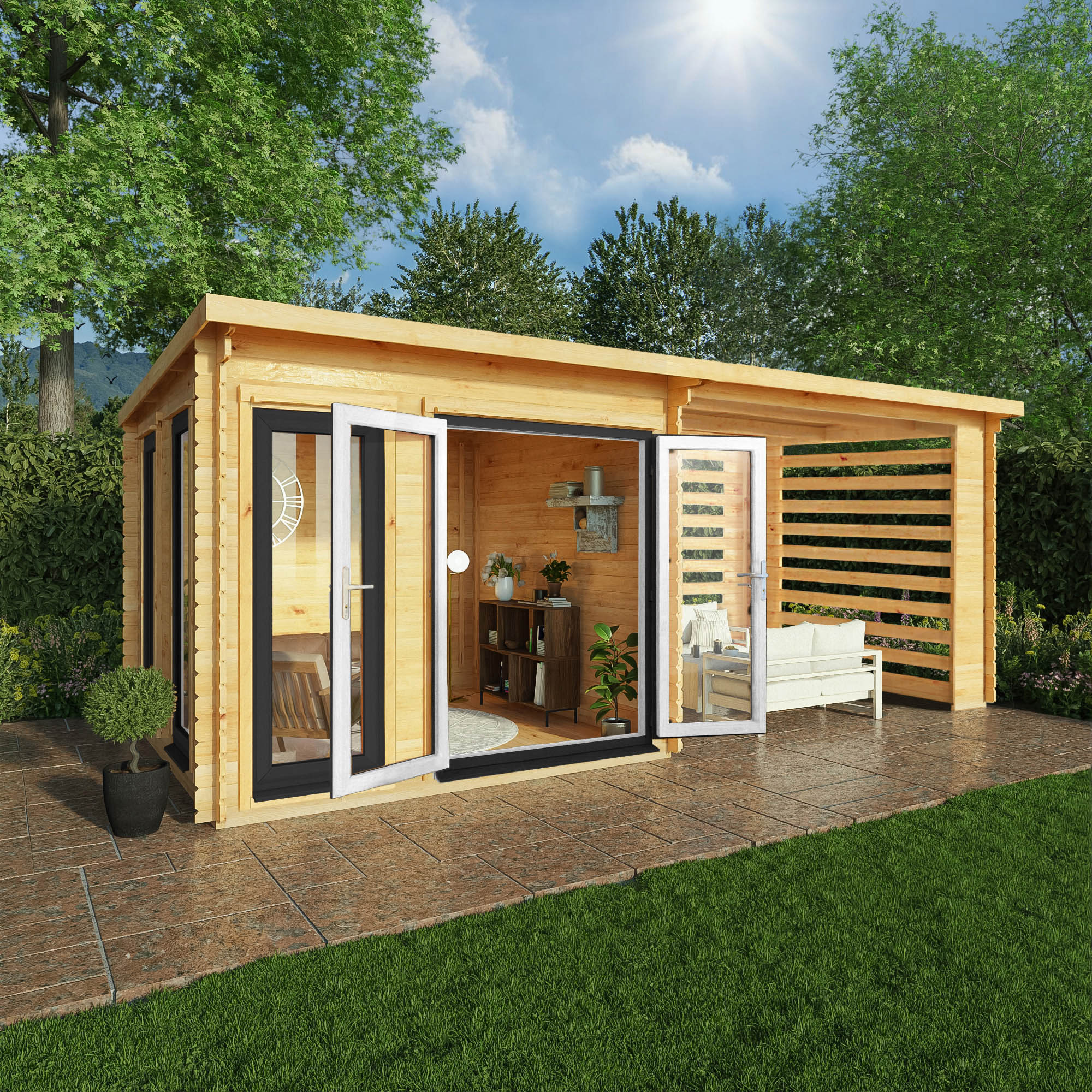 Mercia Studio 10' 11" x 19' 4" Pent Log Cabin Slatted - Premium 44mm Cladding Loglap - Grey UPVC - Image 2