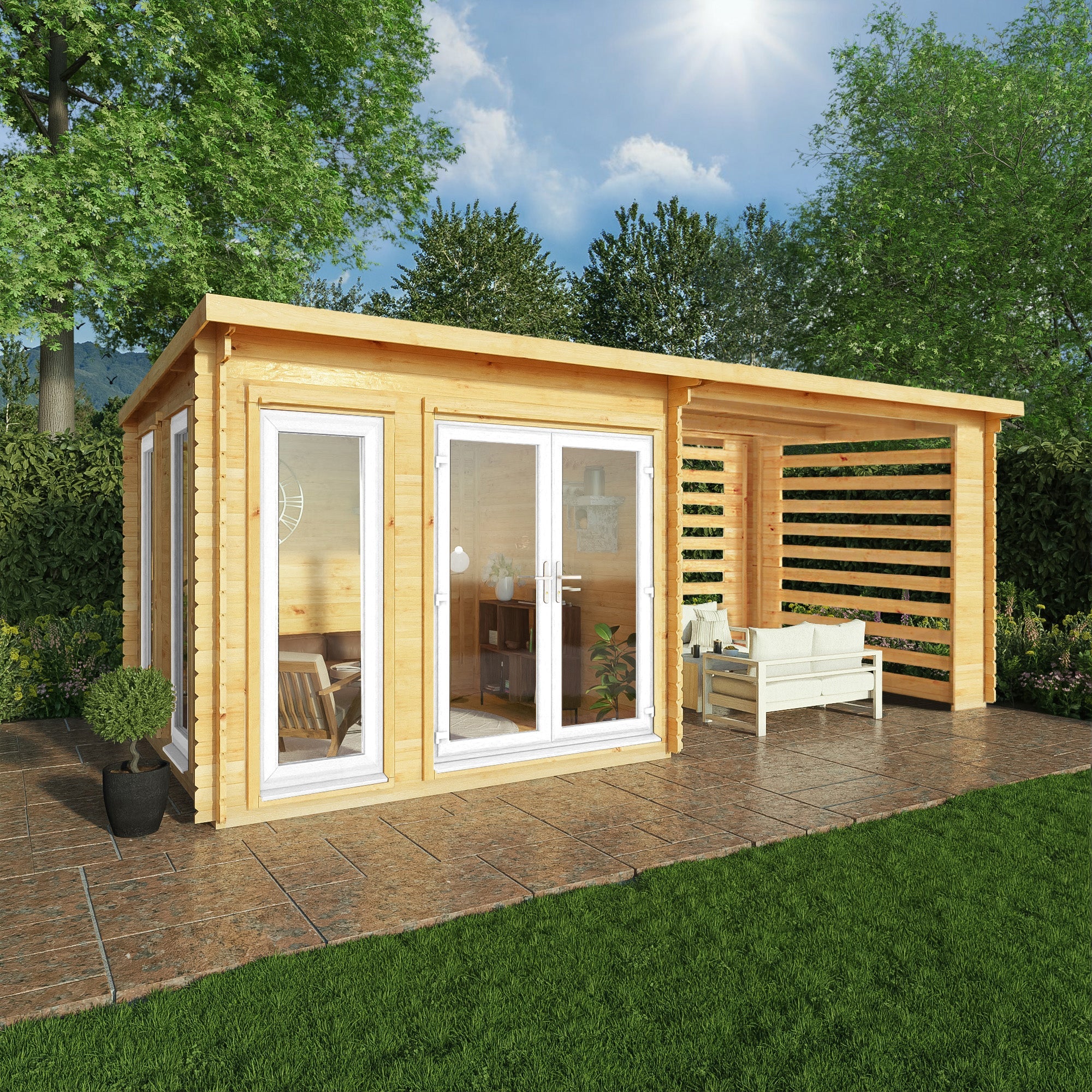 Mercia Studio 10' 11" x 19' 4" Pent Log Cabin Slatted - Premium 44mm Cladding Loglap - White UPVC - Image 2