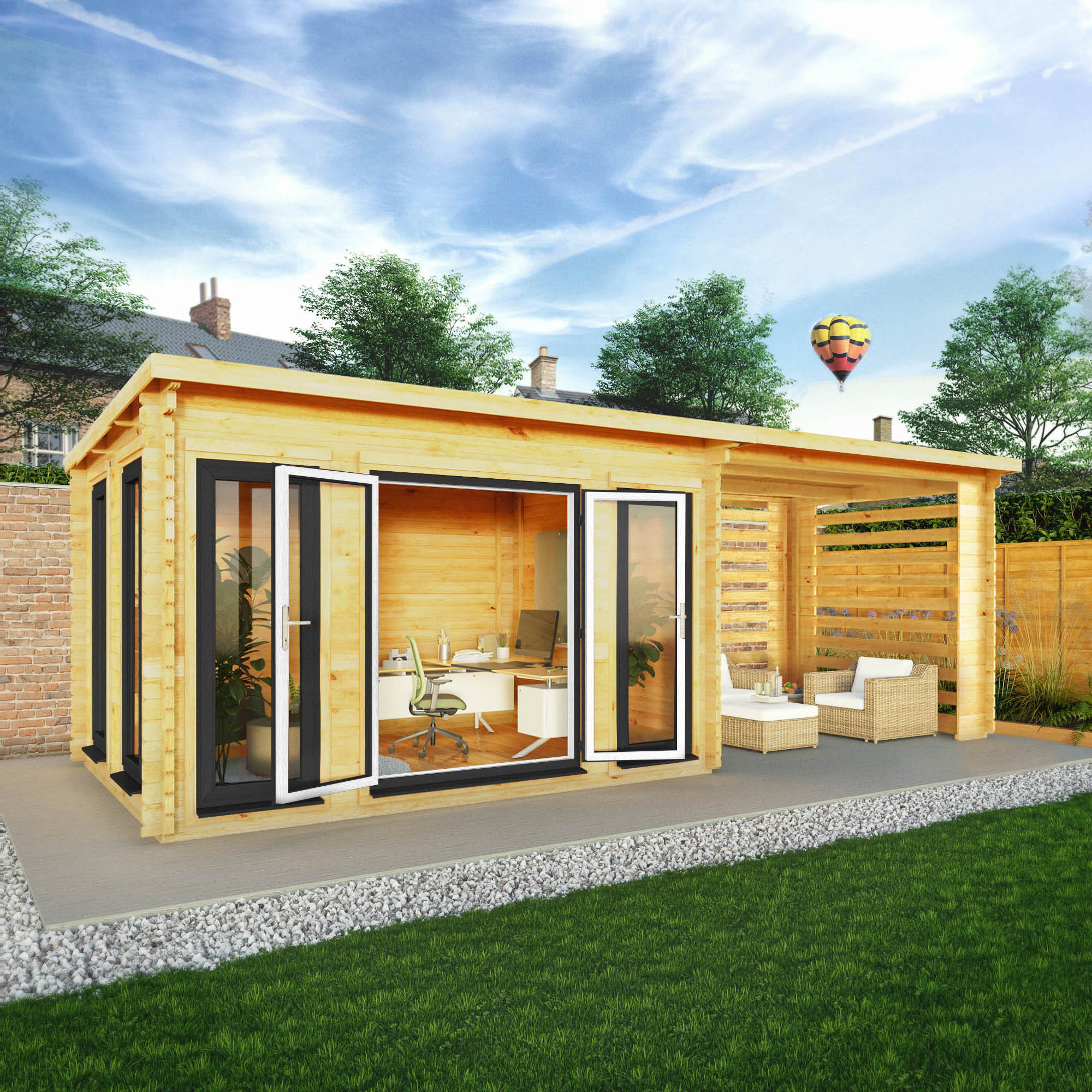 Mercia Studio 10' 11" x 22' 8" Pent Log Cabin Slatted - Premium 44mm Cladding Loglap - Grey UPVC - Image 2
