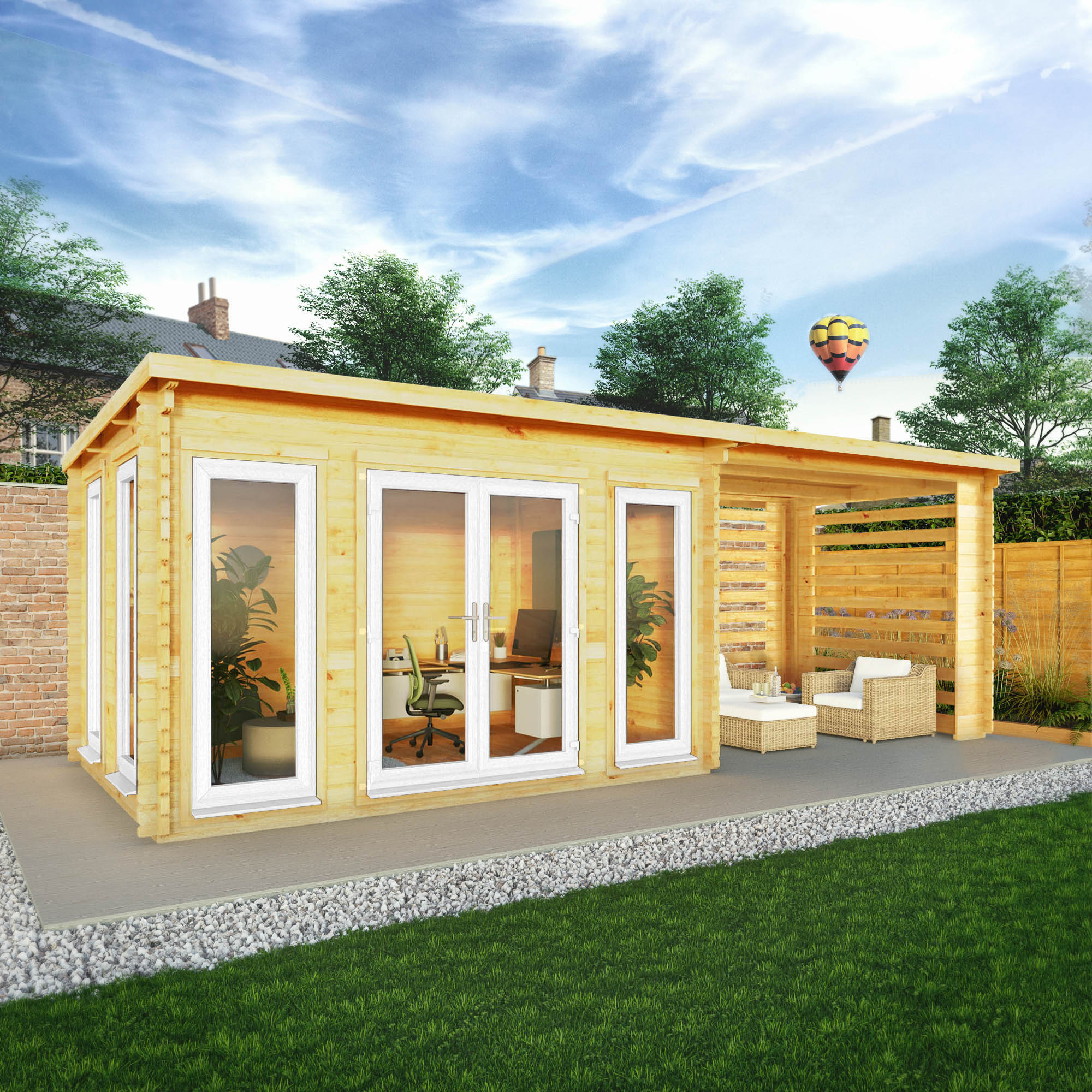 Mercia Studio 10' 11" x 22' 8" Pent Log Cabin Slatted - Premium 44mm Cladding Loglap - White UPVC - Image 2