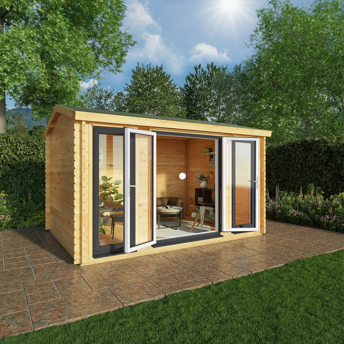 Mercia Studio 10' 3" x 13' 2" Apex Log Cabin - Premium 44mm Cladding Loglap - Grey UPVC - Image 6