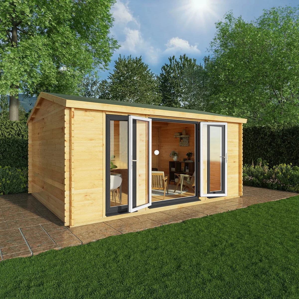 Mercia Studio 13' 7" x 16' 6" Apex Log Cabin - Premium 44mm Cladding Loglap - Grey UPVC - Image 2