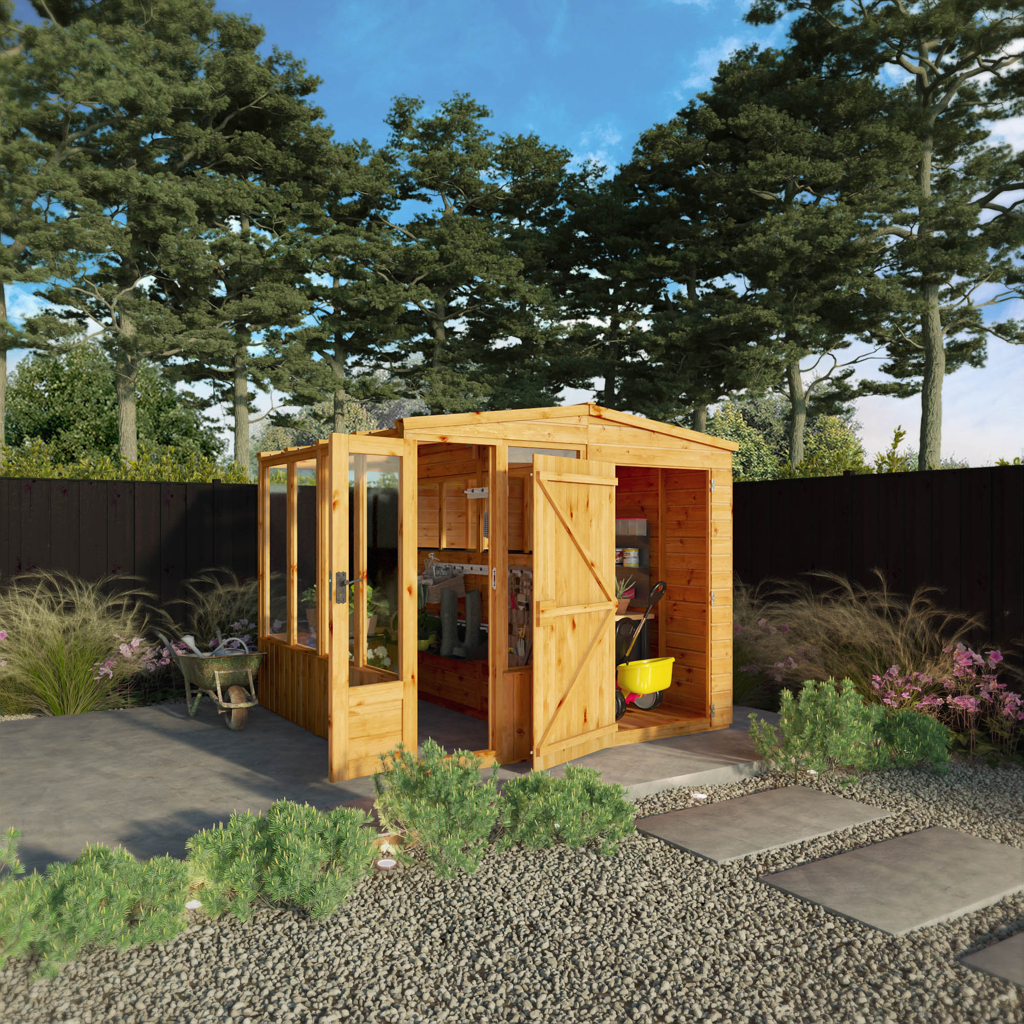 Mercia Woodsman 8' 4" x 8' Apex Combi Greenhouse Shed - Premium Dip Treated Shiplap- Styrene Windows - Image 2