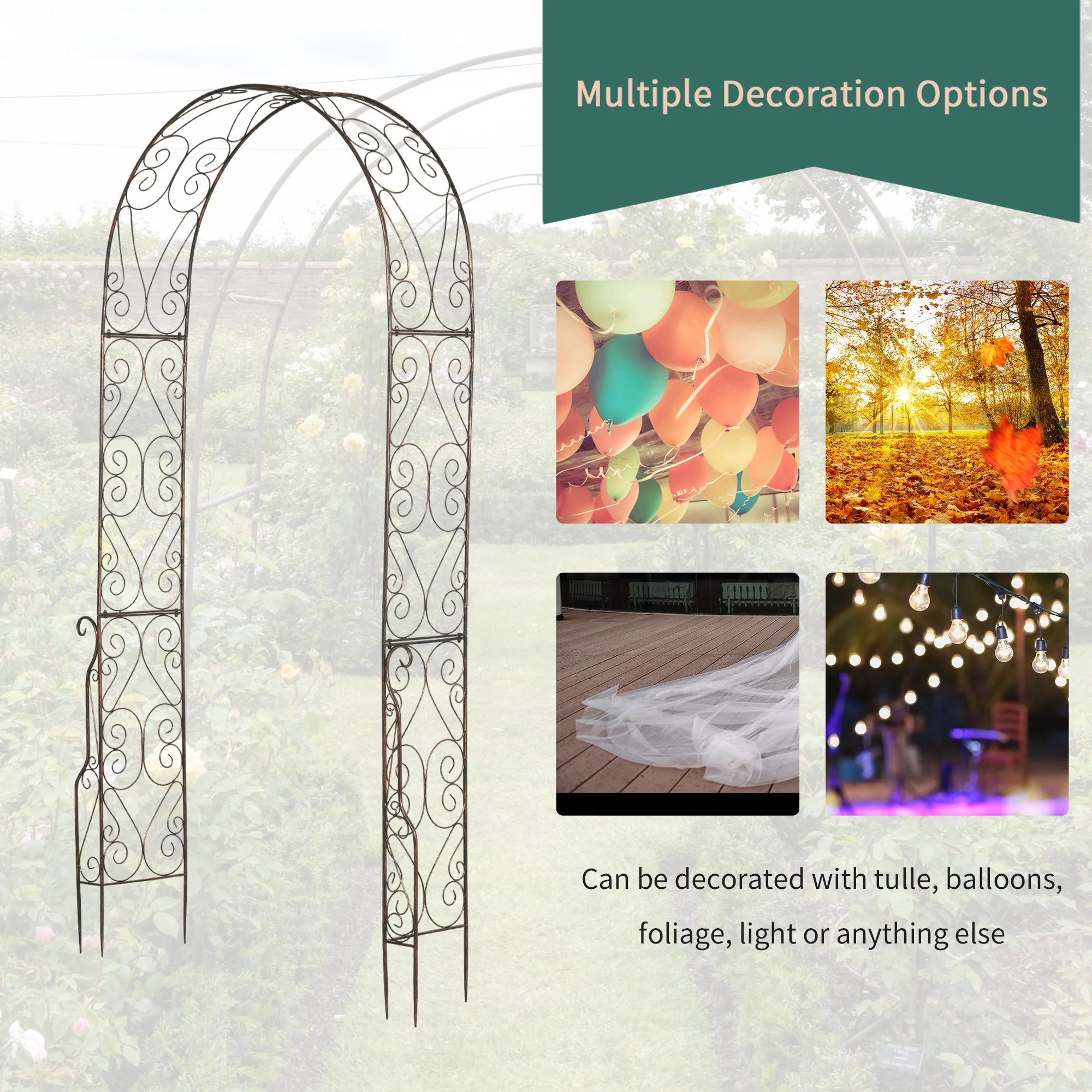 Metal Decorative Garden Rose Arch Arbour Trellis for Climbing Plants Support Archway Wedding Gate 120L x 30W x 226H cm - Image 5
