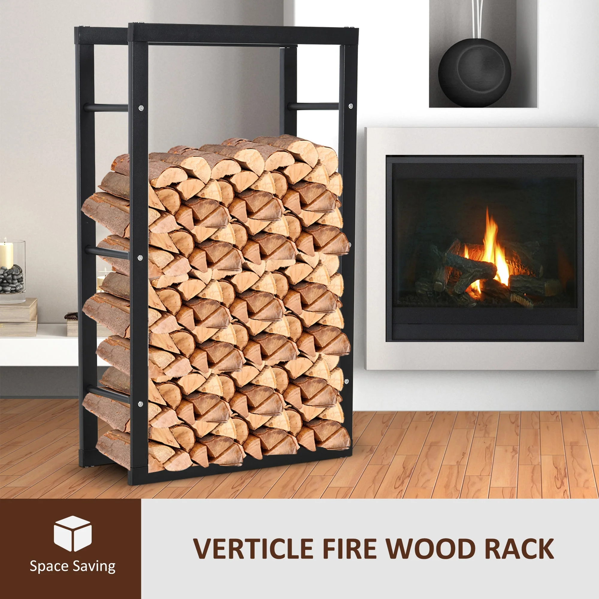 Metal Firewood Log Holder Tall Firewood Rack Indoor Outdoor Fireplace Wood Storage Shelf with Side Rails - Image 3