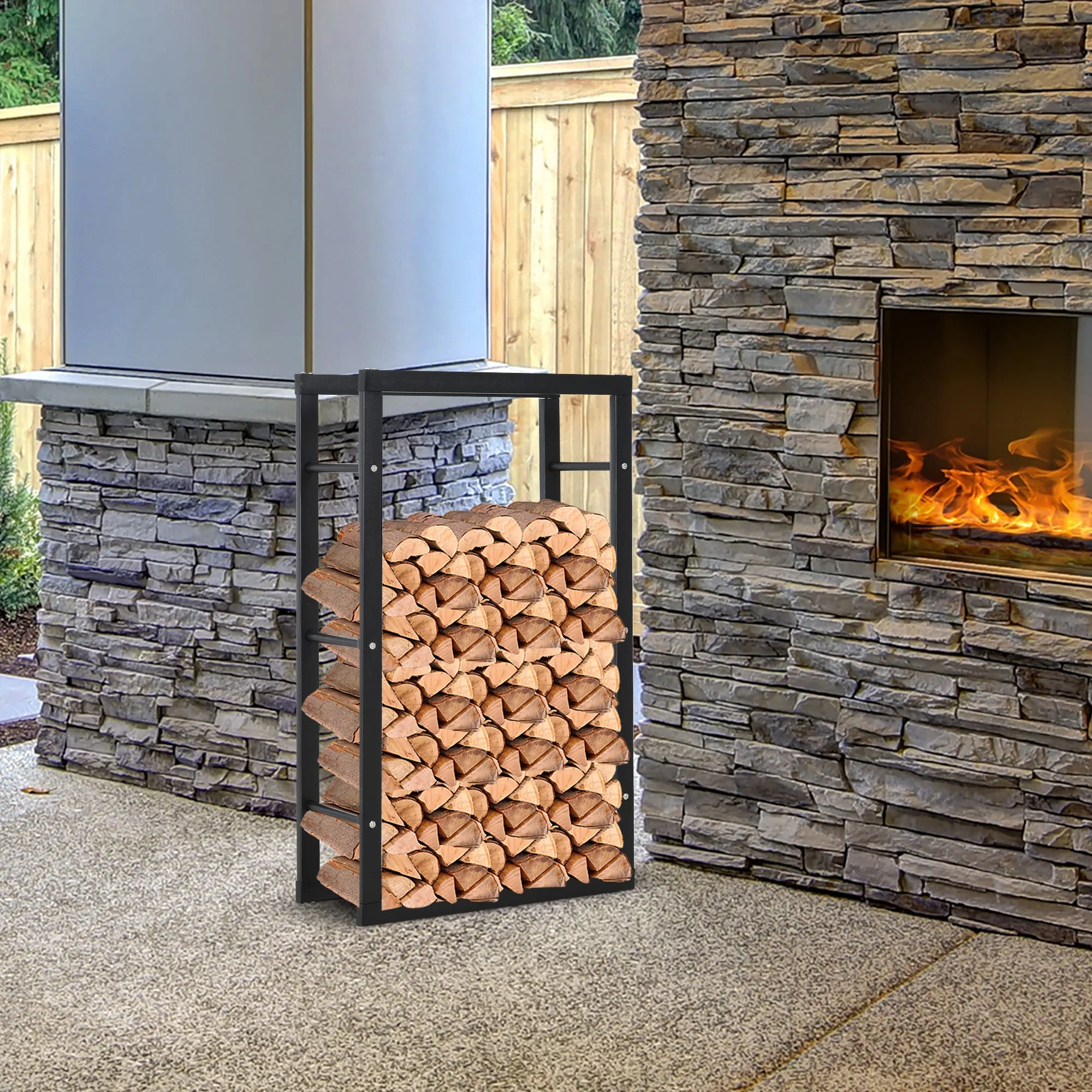 Metal Firewood Log Holder Tall Firewood Rack Indoor Outdoor Fireplace Wood Storage Shelf with Side Rails - Image 6