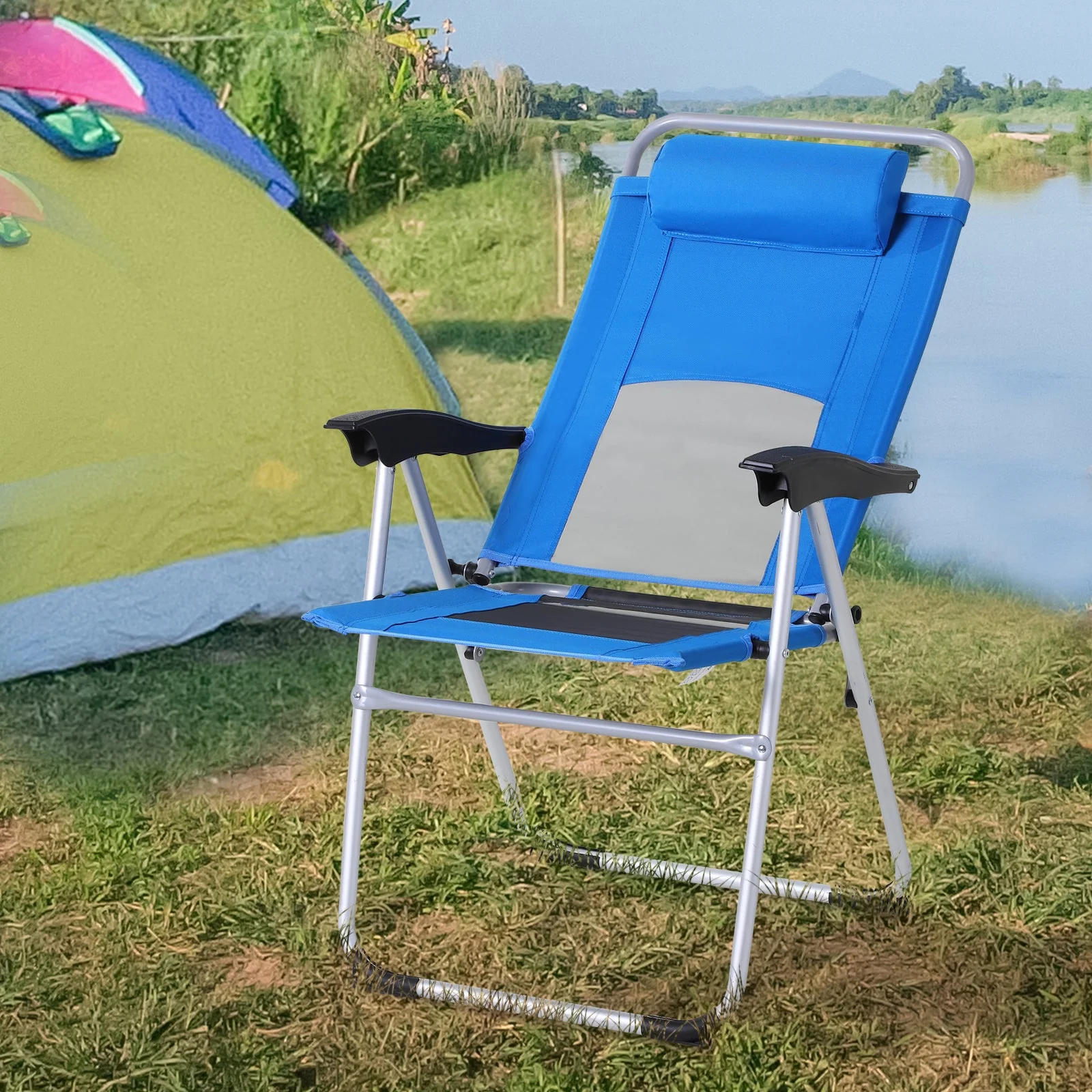 Metal Frame 3-Position Adjustable Outdoor Garden Chair w/ Headrest Blue - Image 2