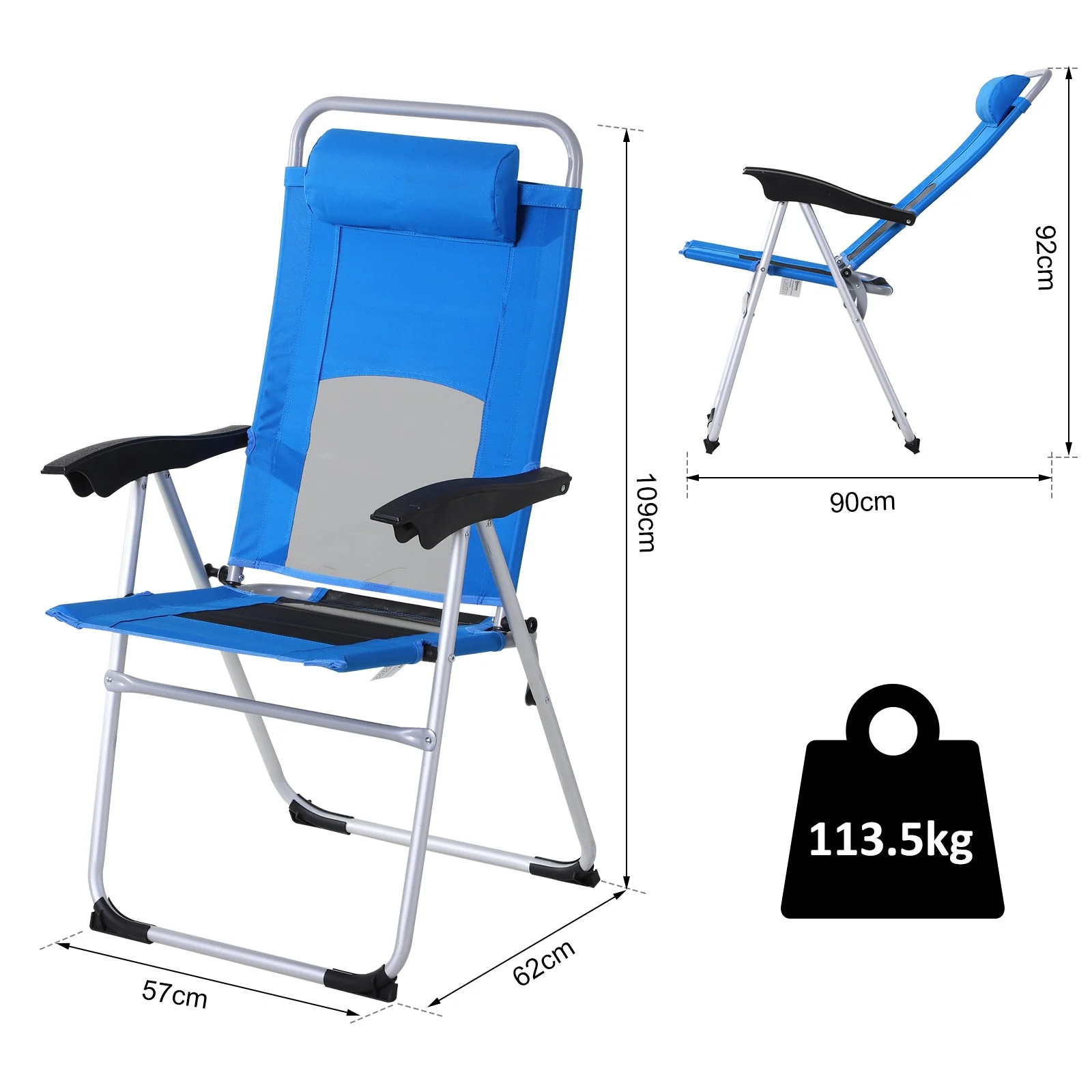 Metal Frame 3-Position Adjustable Outdoor Garden Chair w/ Headrest Blue - Image 3