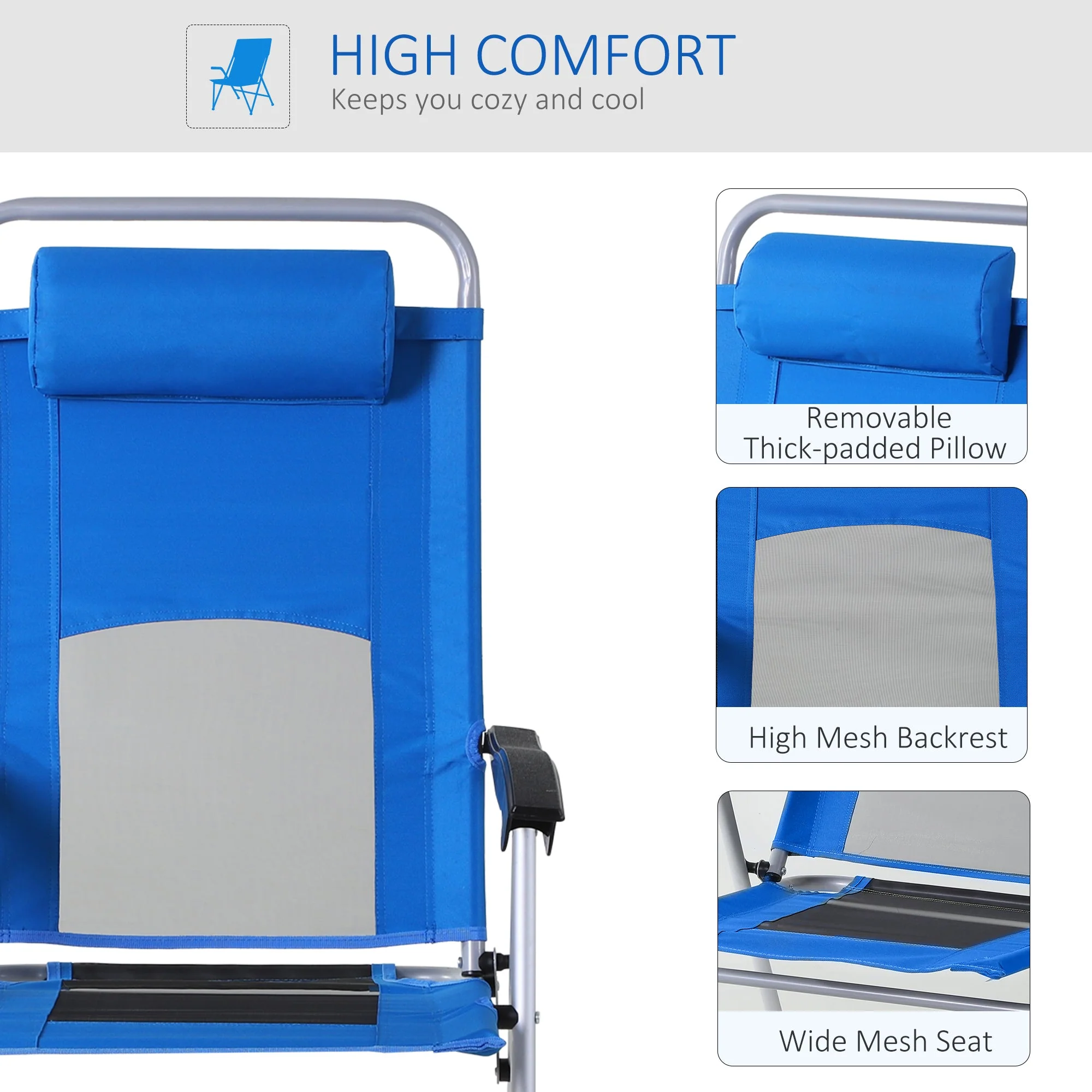 Metal Frame 3-Position Adjustable Outdoor Garden Chair w/ Headrest Blue - Image 4