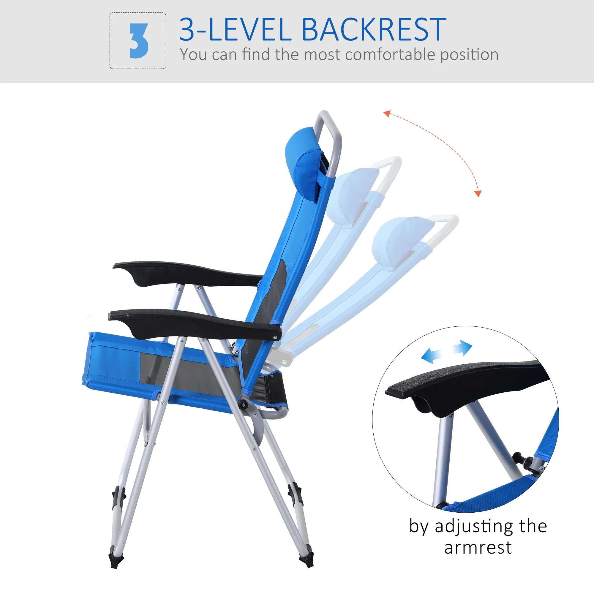 Metal Frame 3-Position Adjustable Outdoor Garden Chair w/ Headrest Blue - Image 5