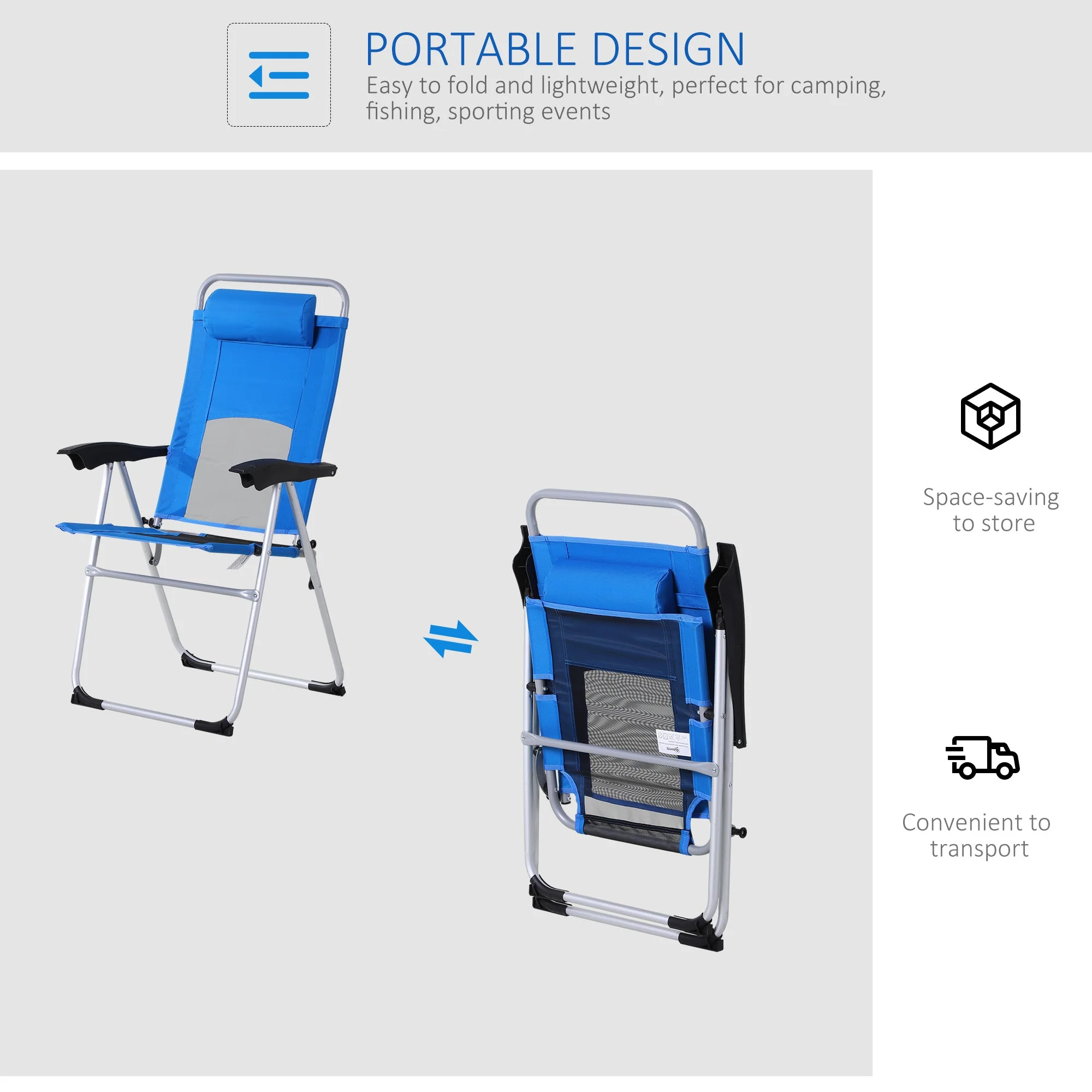 Metal Frame 3-Position Adjustable Outdoor Garden Chair w/ Headrest Blue - Image 6