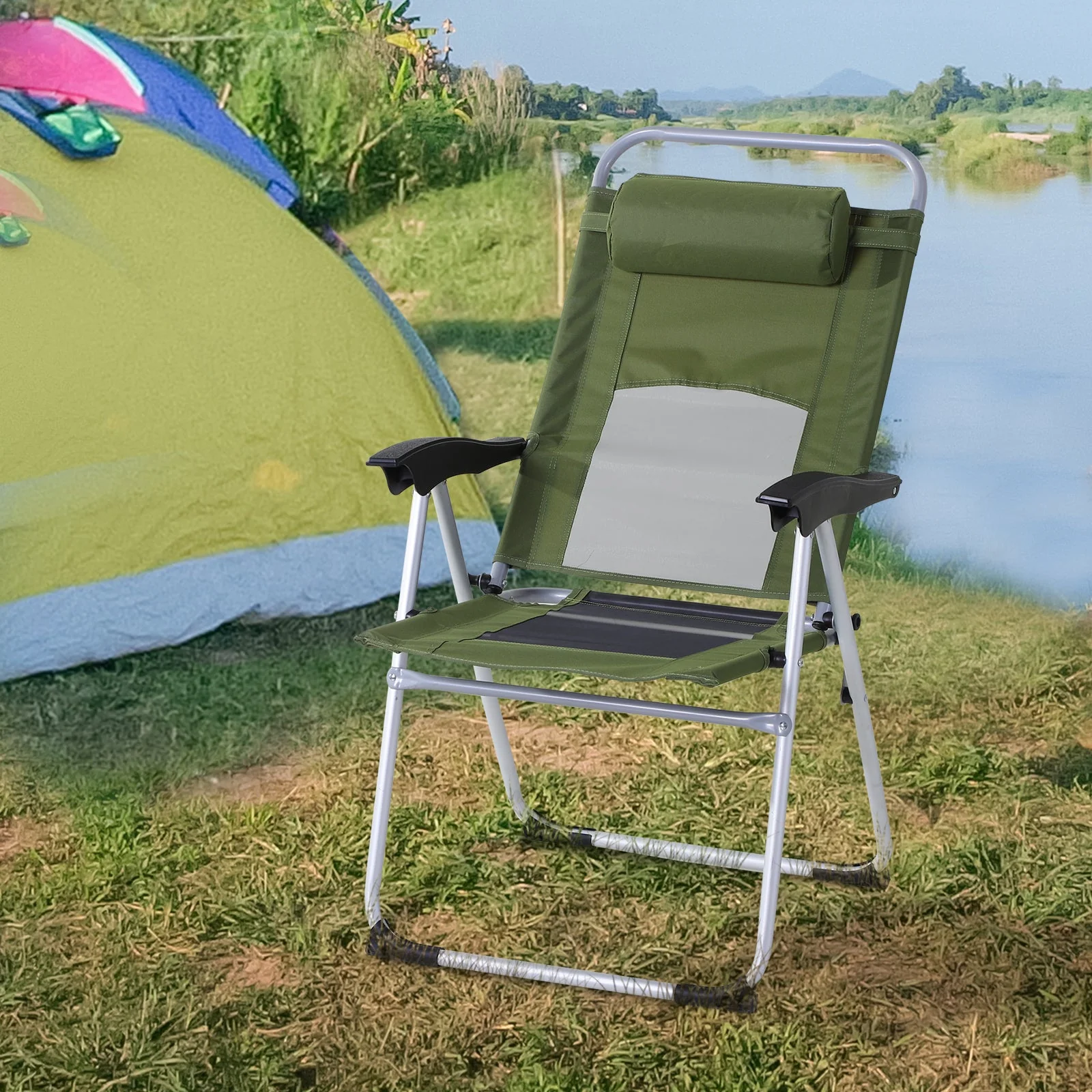 Metal Frame 3-Position Adjustable Outdoor Garden Chair w/ Headrest Green - Image 2