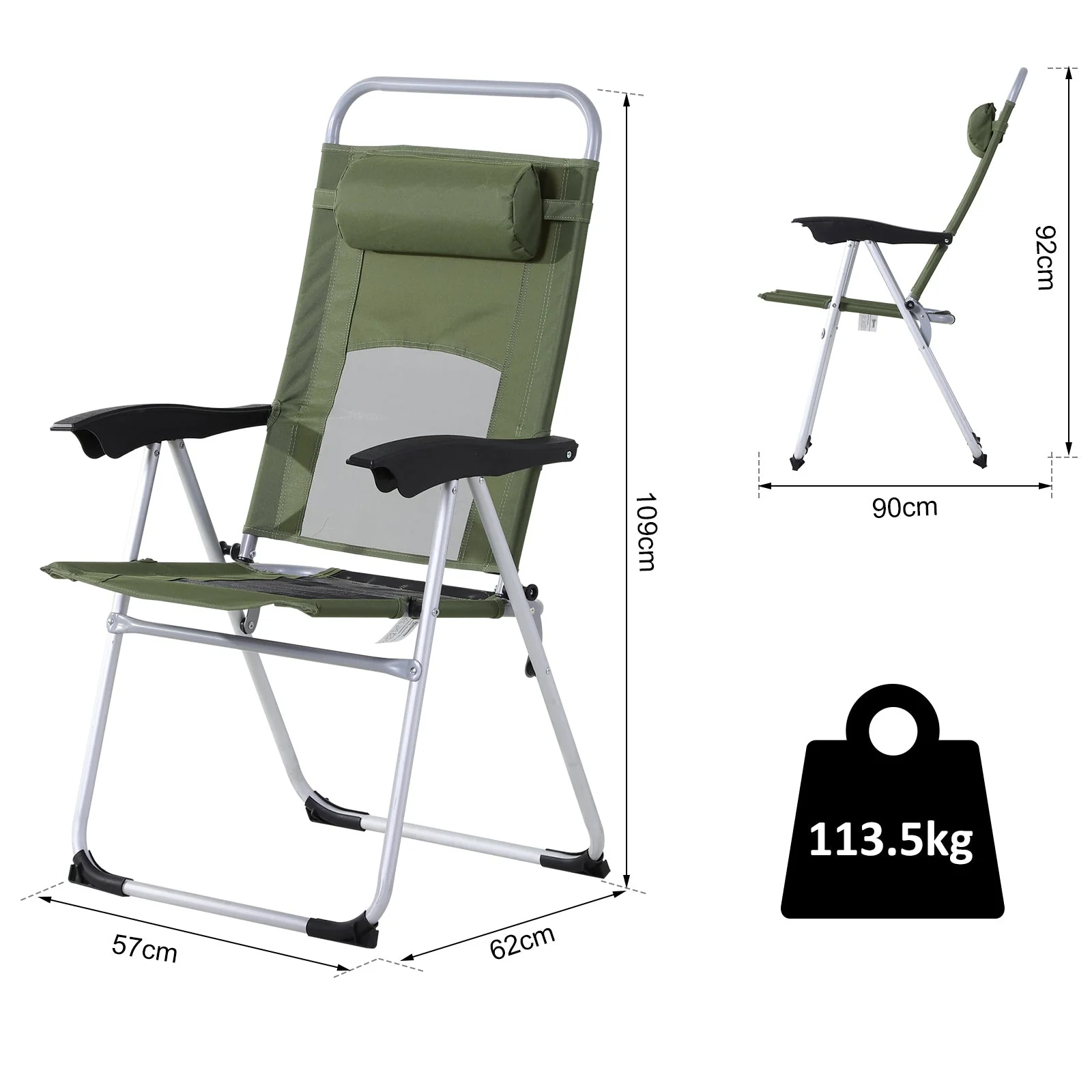 Metal Frame 3-Position Adjustable Outdoor Garden Chair w/ Headrest Green - Image 3