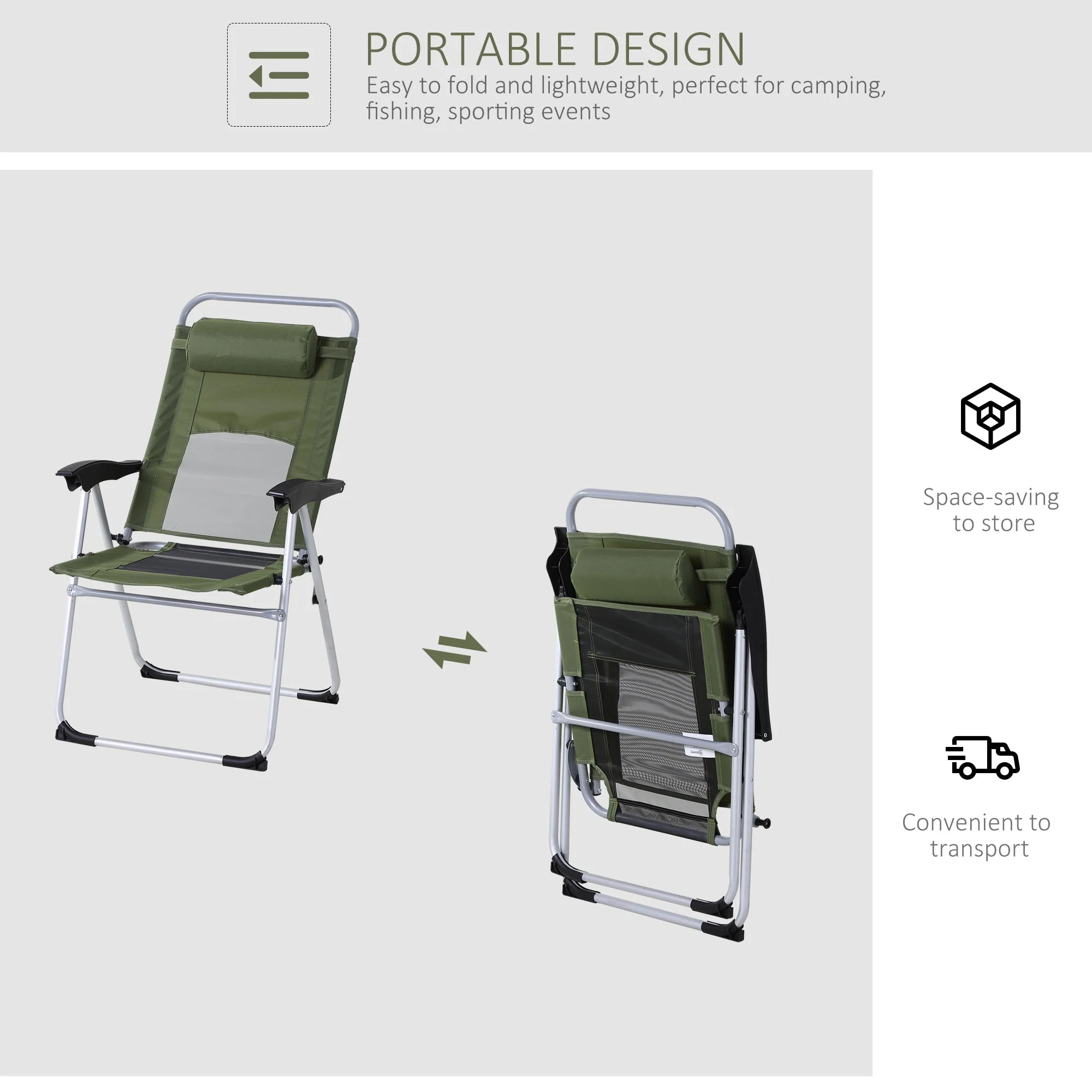 Metal Frame 3-Position Adjustable Outdoor Garden Chair w/ Headrest Green - Image 4