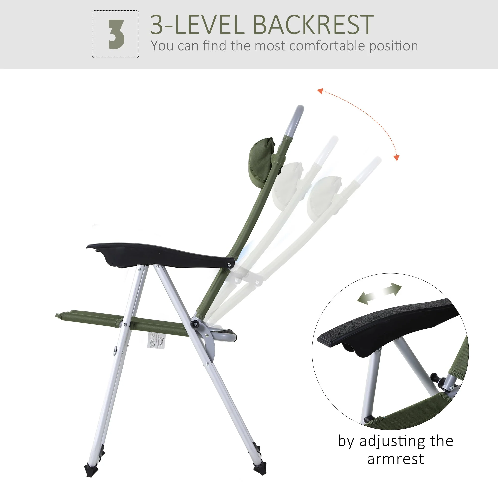 Metal Frame 3-Position Adjustable Outdoor Garden Chair w/ Headrest Green - Image 6
