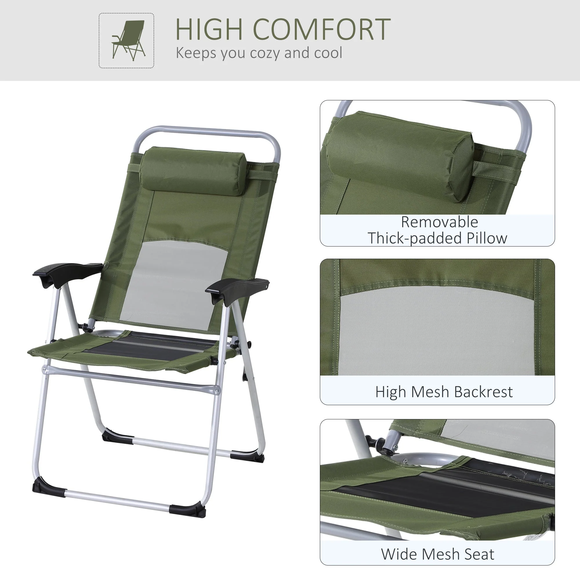 Metal Frame 3-Position Adjustable Outdoor Garden Chair w/ Headrest Green - Image 7