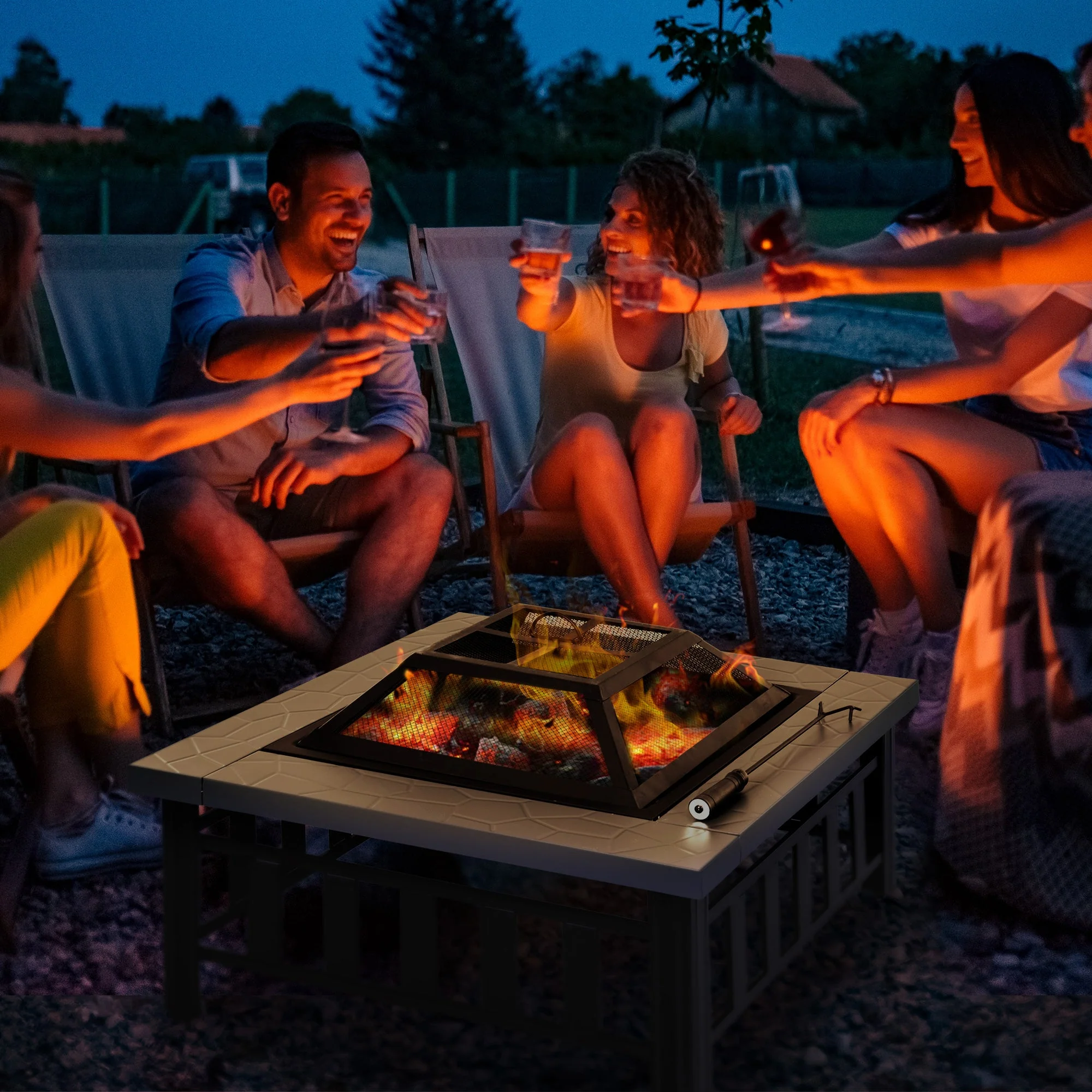 Metal Large Firepit Outdoor Square Fire Pit Brazier w/ Rain Cover - Image 2