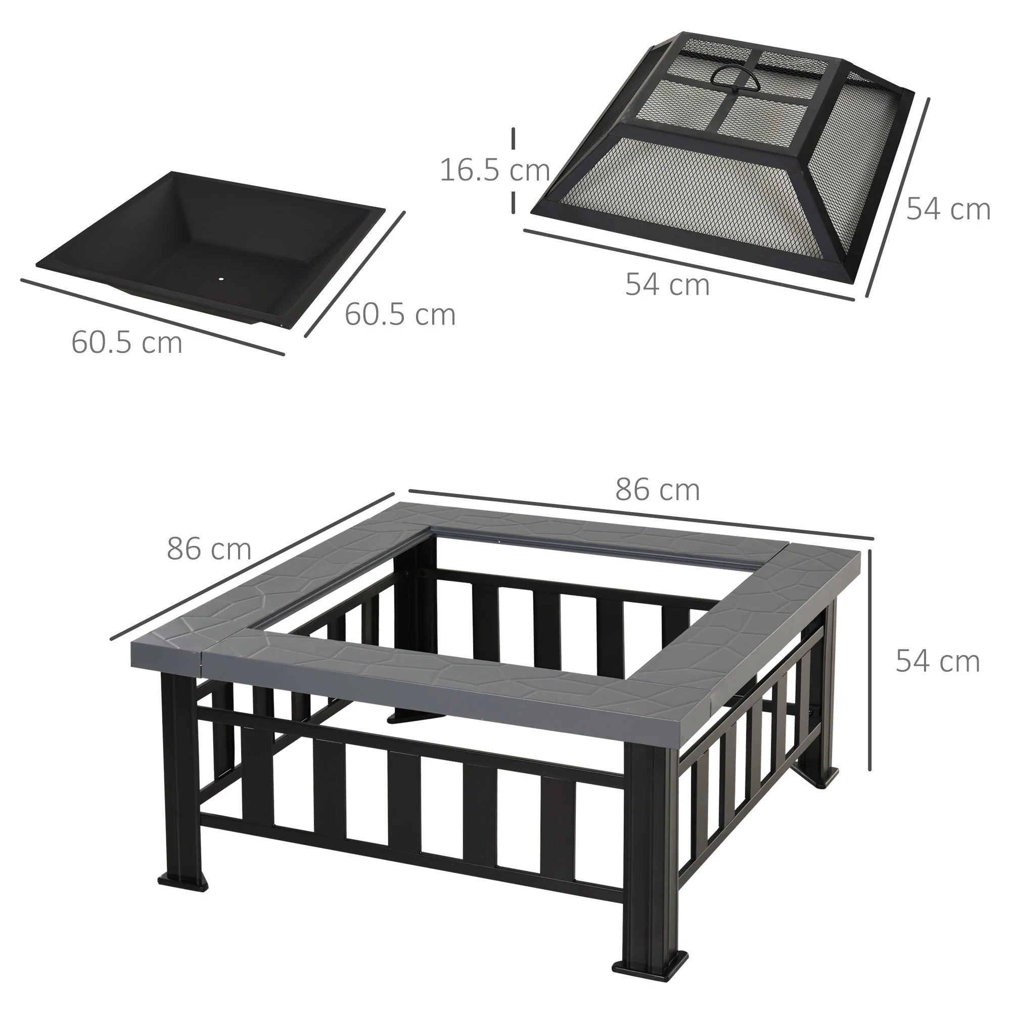 Metal Large Firepit Outdoor Square Fire Pit Brazier w/ Rain Cover - Image 3