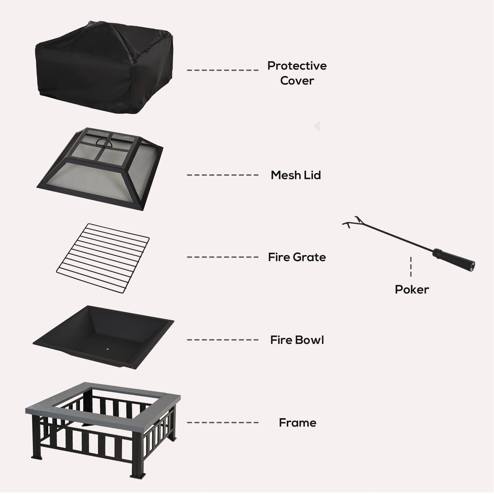 Metal Large Firepit Outdoor Square Fire Pit Brazier w/ Rain Cover - Image 8