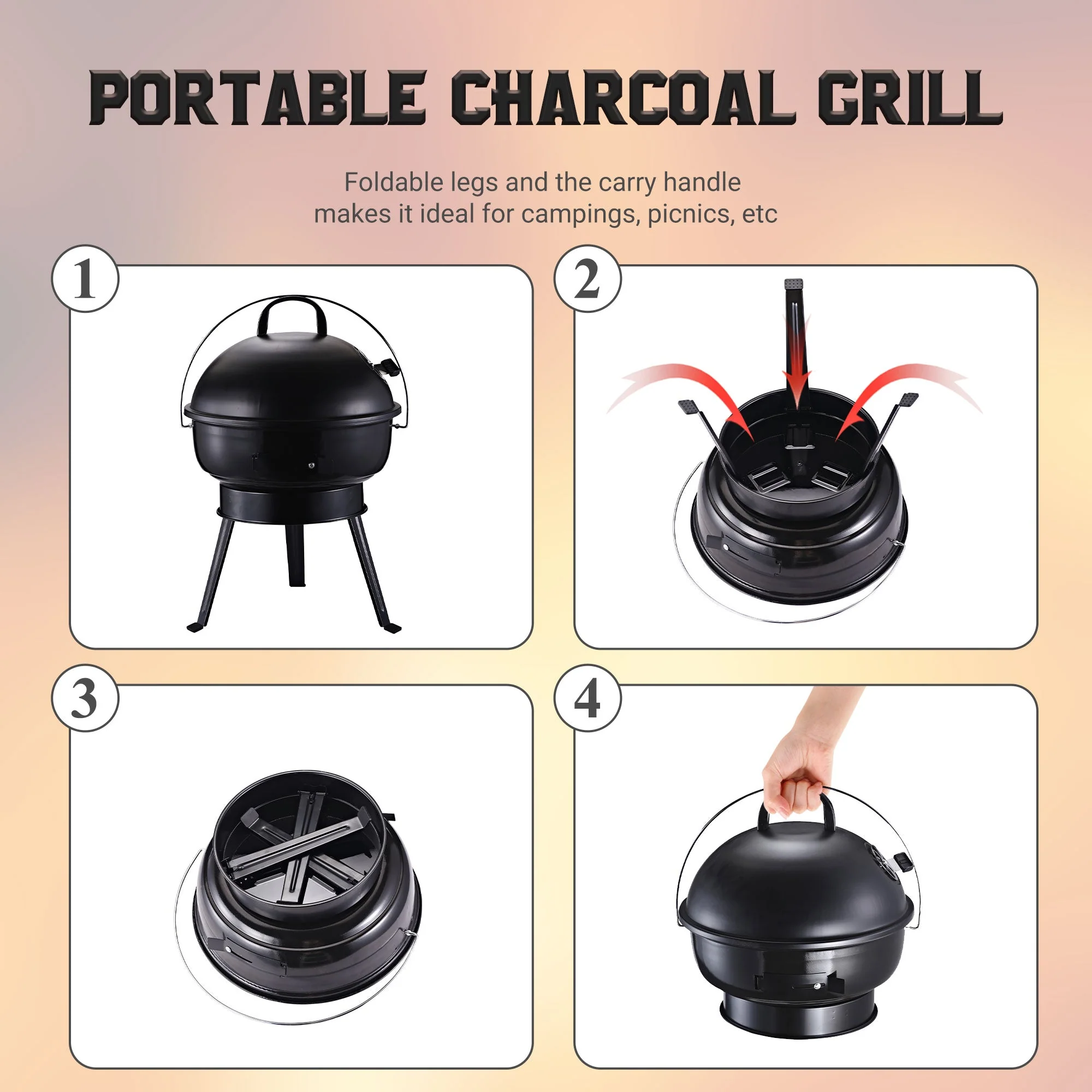 Metal Portable Tripod Charcoal BBQ Grill Black - Image 6