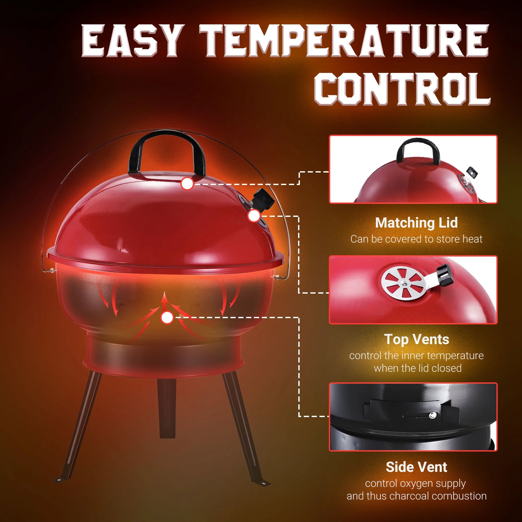Metal Portable Tripod Charcoal Bbq Grill Black Red - Image 4