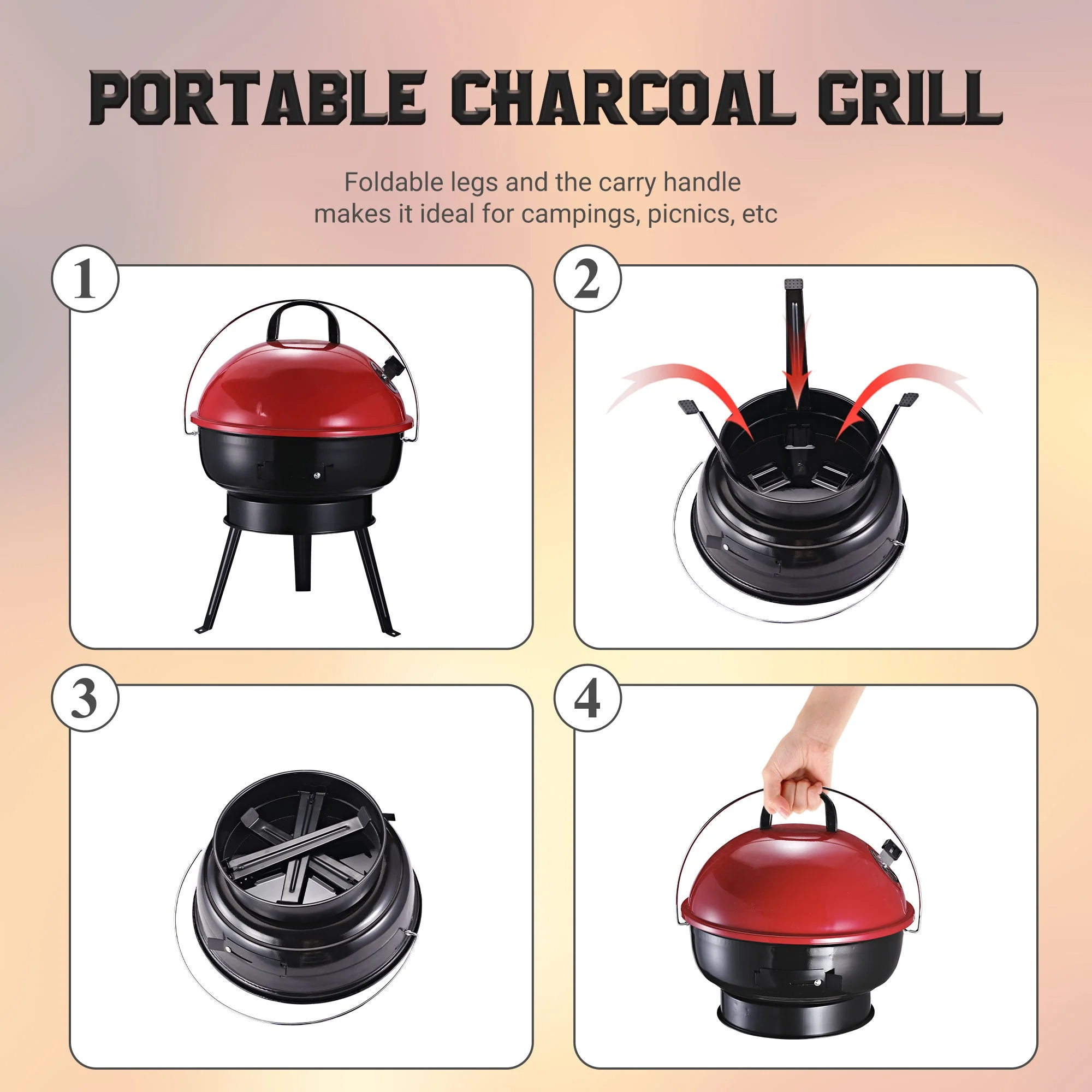 Metal Portable Tripod Charcoal Bbq Grill Black Red - Image 6