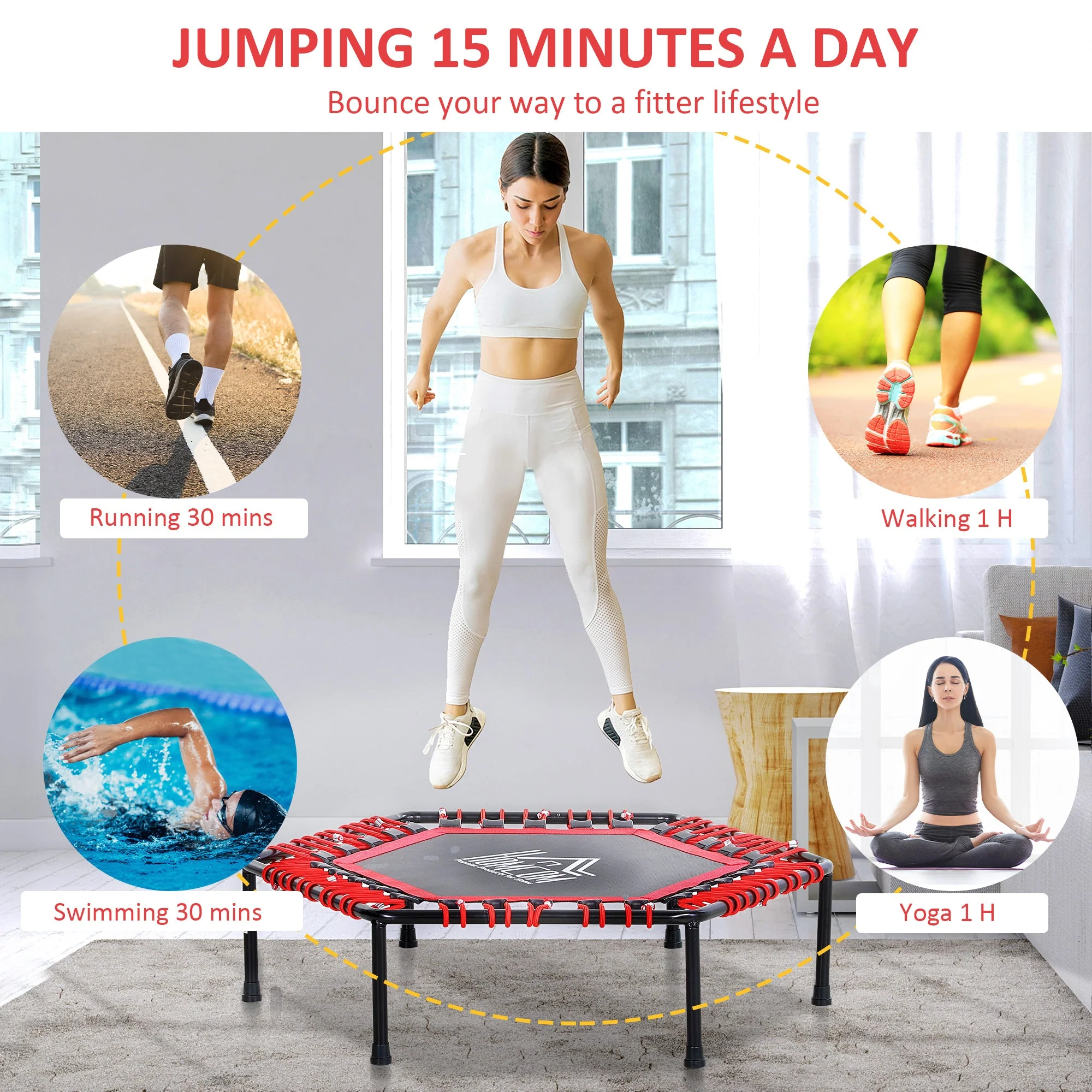 Mini Hexagon Steel Frame Trampoline with Anti-slip Rubber Pads Red - Image 6