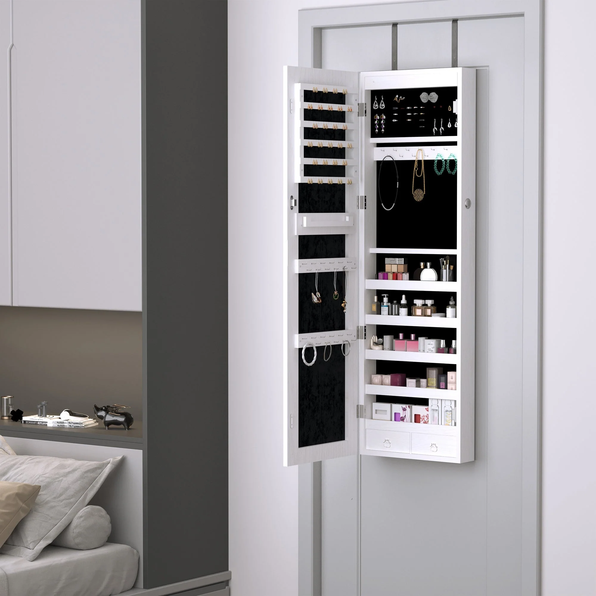 Mirrored Jewellery Storage Cabinet Door Mounted/Wall mounted Organiser Hanging Lockable w/ 6 Inner LED Lights White - Image 2
