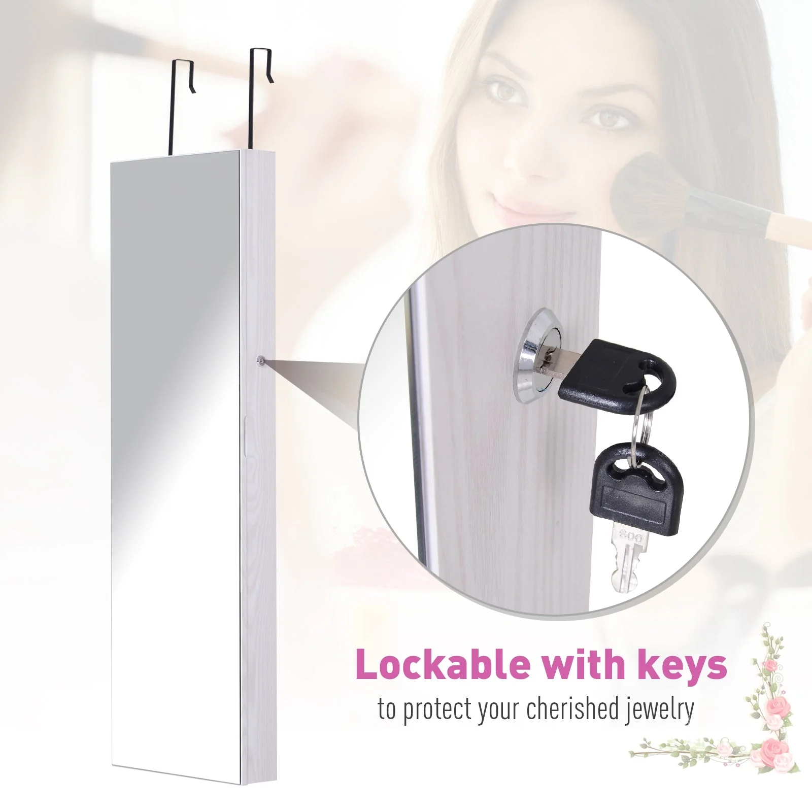Mirrored Jewellery Storage Cabinet Door Mounted/Wall mounted Organiser Hanging Lockable w/ 6 Inner LED Lights White - Image 6
