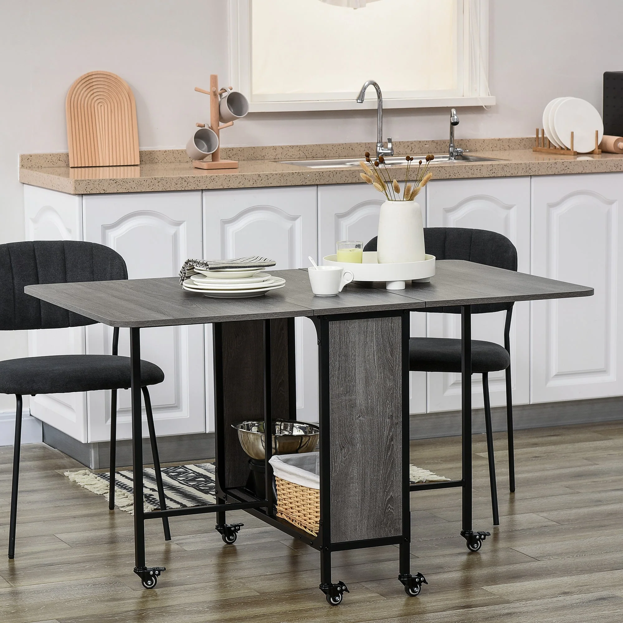 Mobile Drop Leaf Table Folding Kitchen Table Extendable Dining Table For Small Spaces With 6 Wheels & Storage Shelf - Image 2