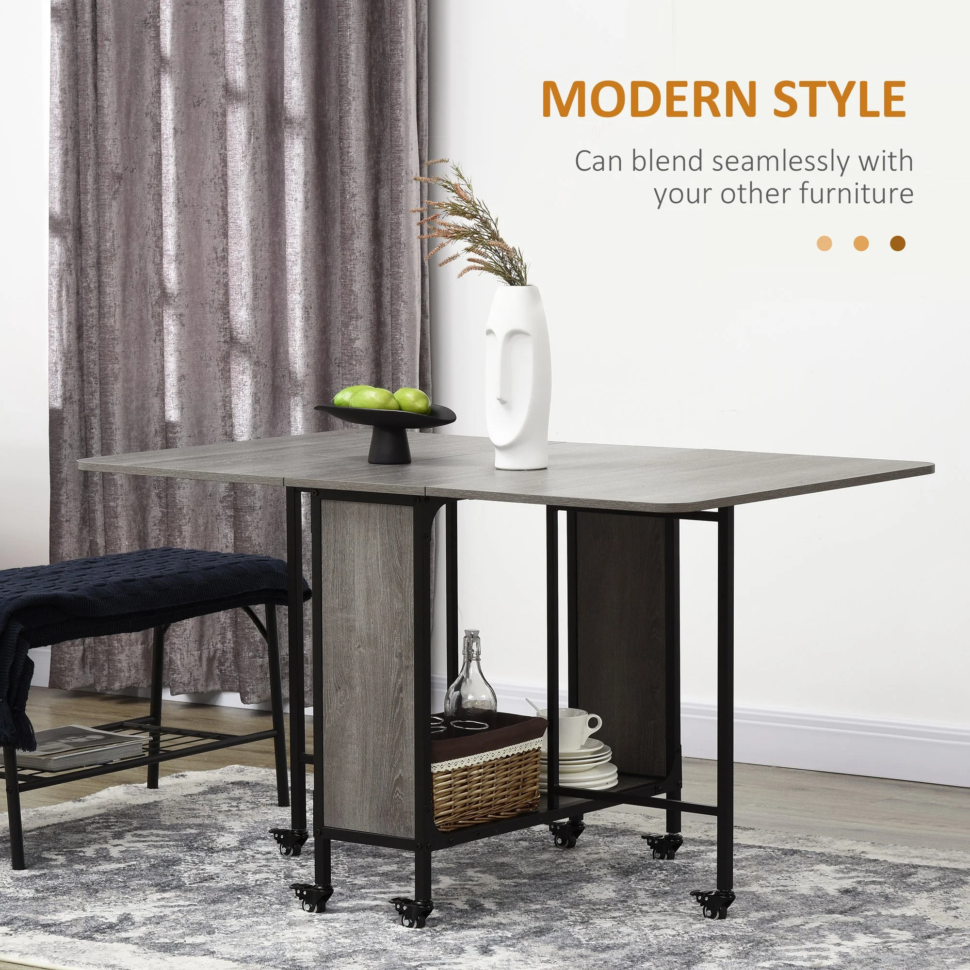 Mobile Drop Leaf Table Folding Kitchen Table Extendable Dining Table For Small Spaces With 6 Wheels & Storage Shelf - Image 4