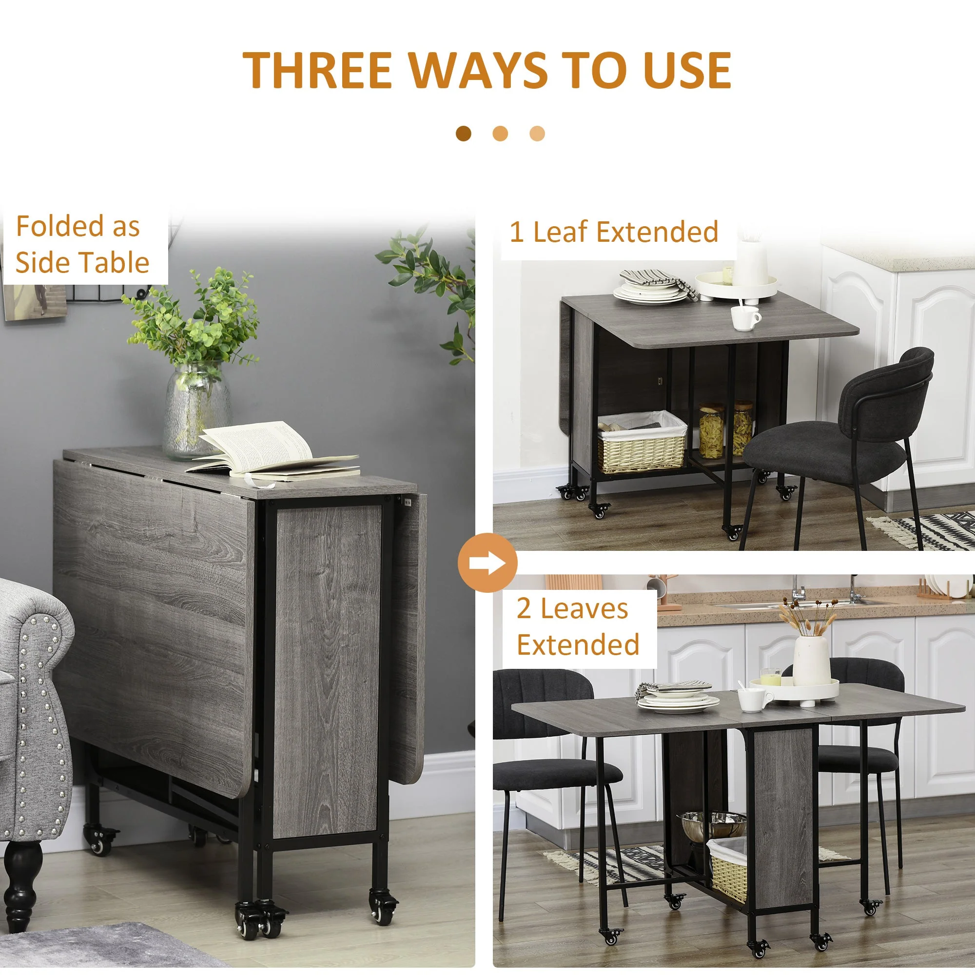 Mobile Drop Leaf Table Folding Kitchen Table Extendable Dining Table For Small Spaces With 6 Wheels & Storage Shelf - Image 5