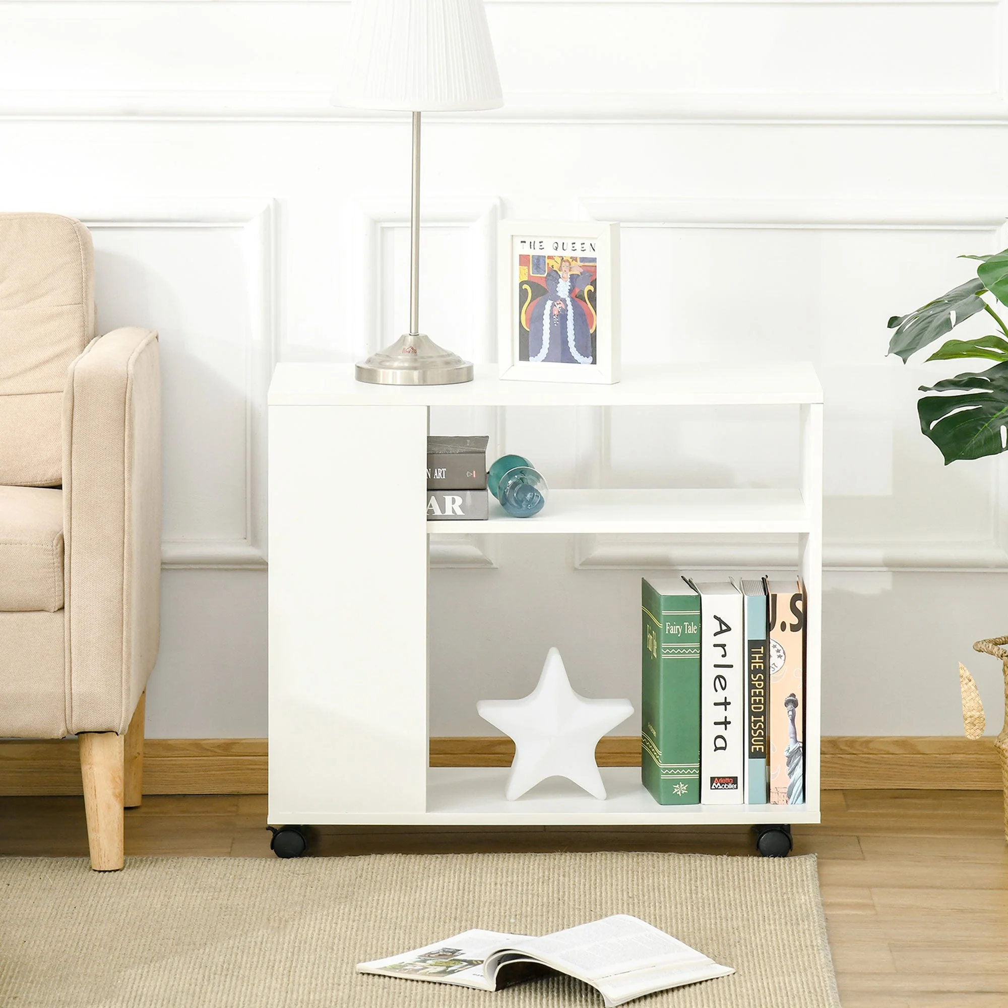 Mobile Sofa Bed Beside Side Table Nightstand End Table with 2 Storage Shelves Casters Brake Wheels for Compact Home Cart - Image 4