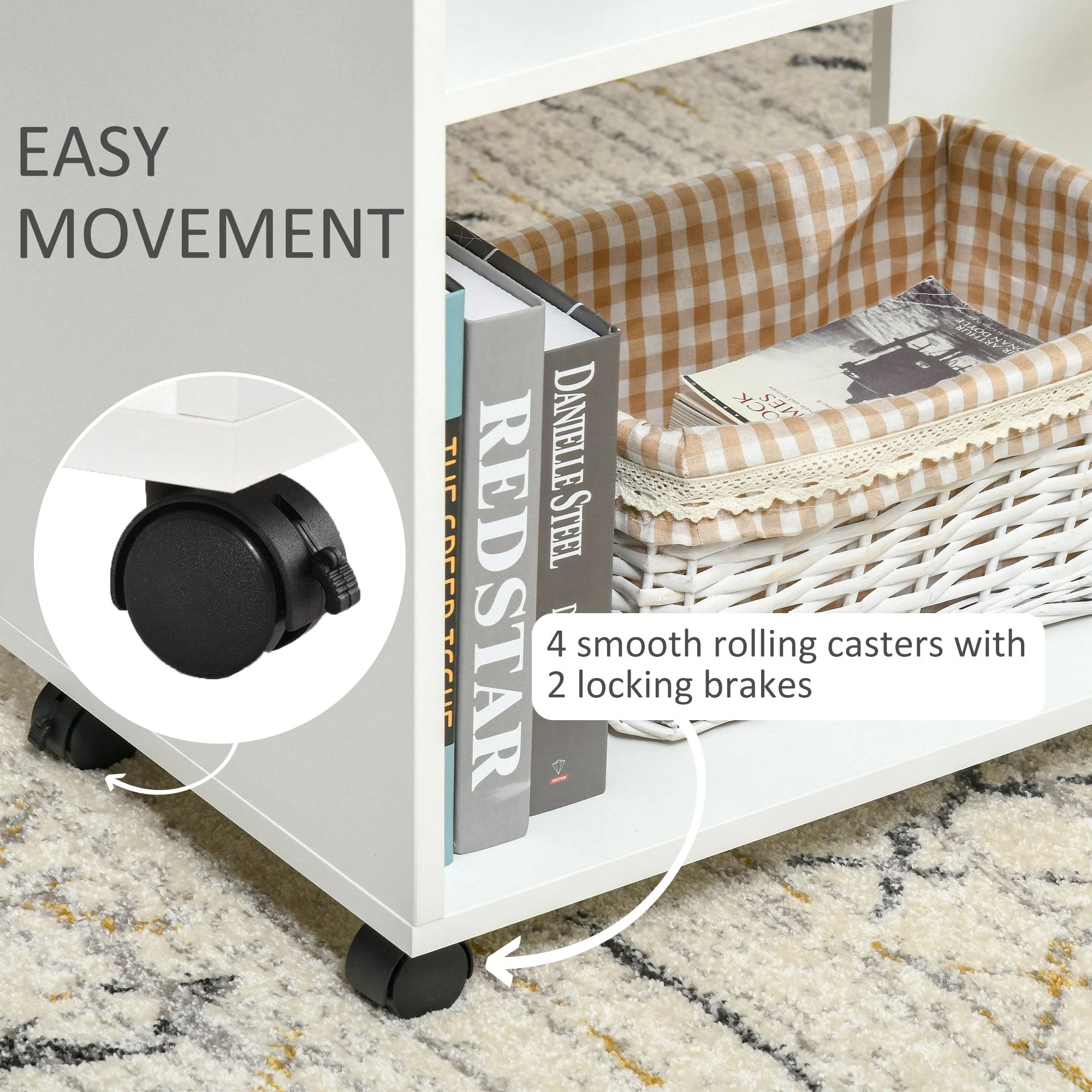 Mobile Sofa Bed Beside Side Table Nightstand End Table with 2 Storage Shelves Casters Brake Wheels for Compact Home Cart - Image 5