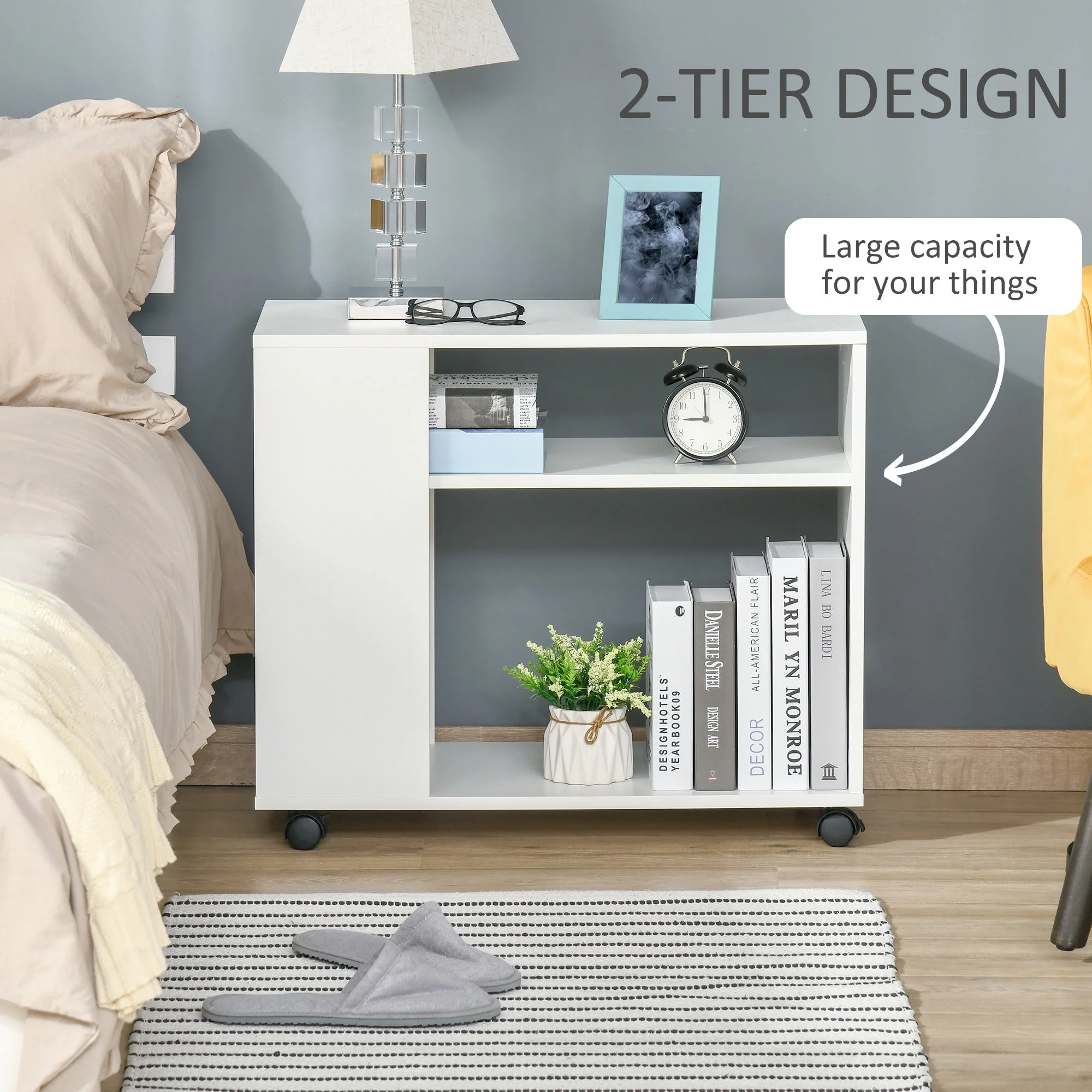 Mobile Sofa Bed Beside Side Table Nightstand End Table with 2 Storage Shelves Casters Brake Wheels for Compact Home Cart - Image 6