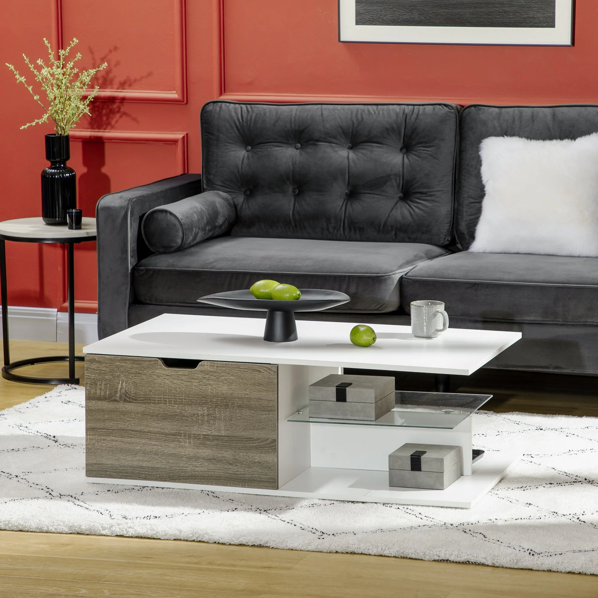 Modern Coffee Table with Tempered Glass Shelf and Two Drawers - Image 2