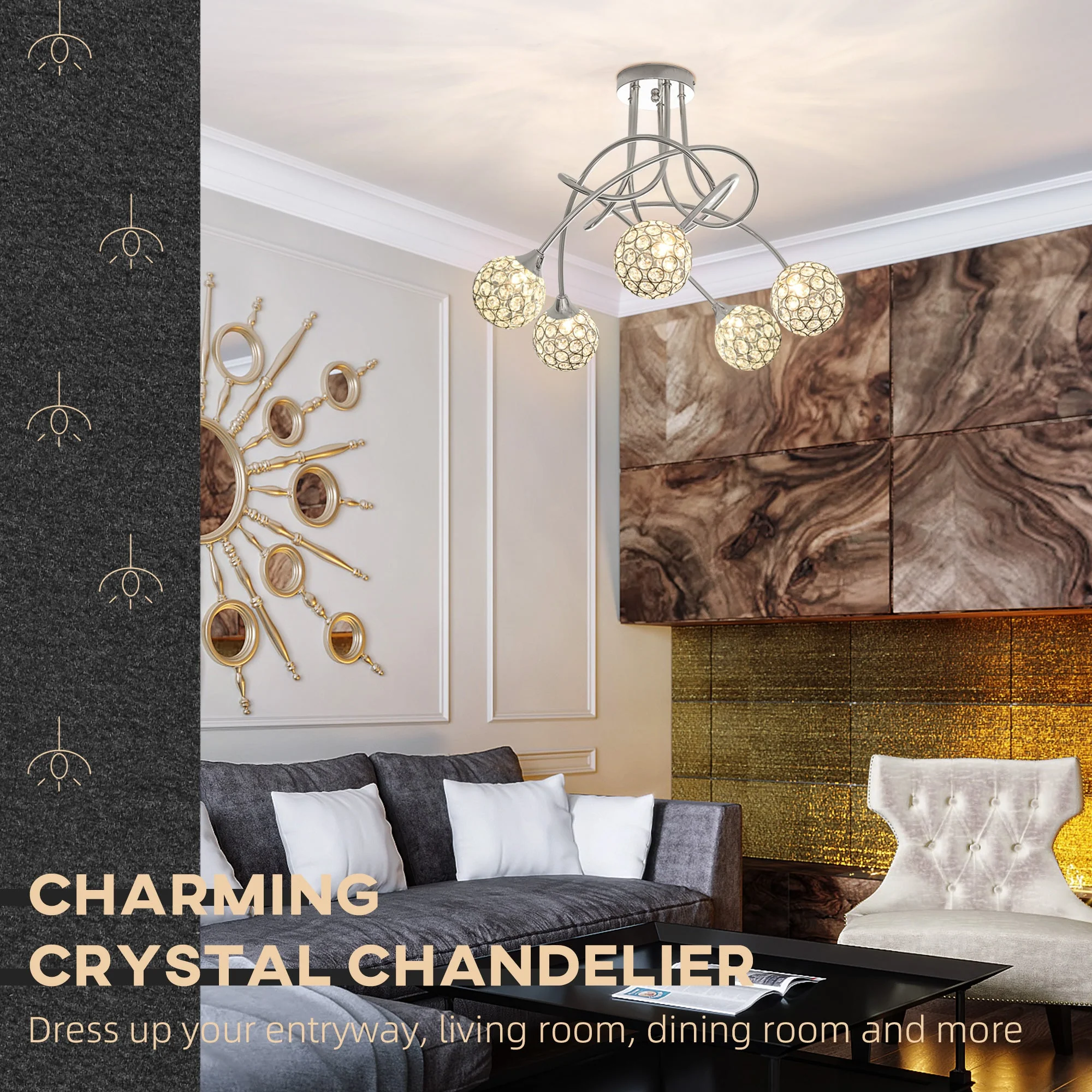 Modern Crystal Ball Chandelier Ceiling Light Pendant Light with 5 Lampshades 5 G9 Bulbs Required Silver - Image 4