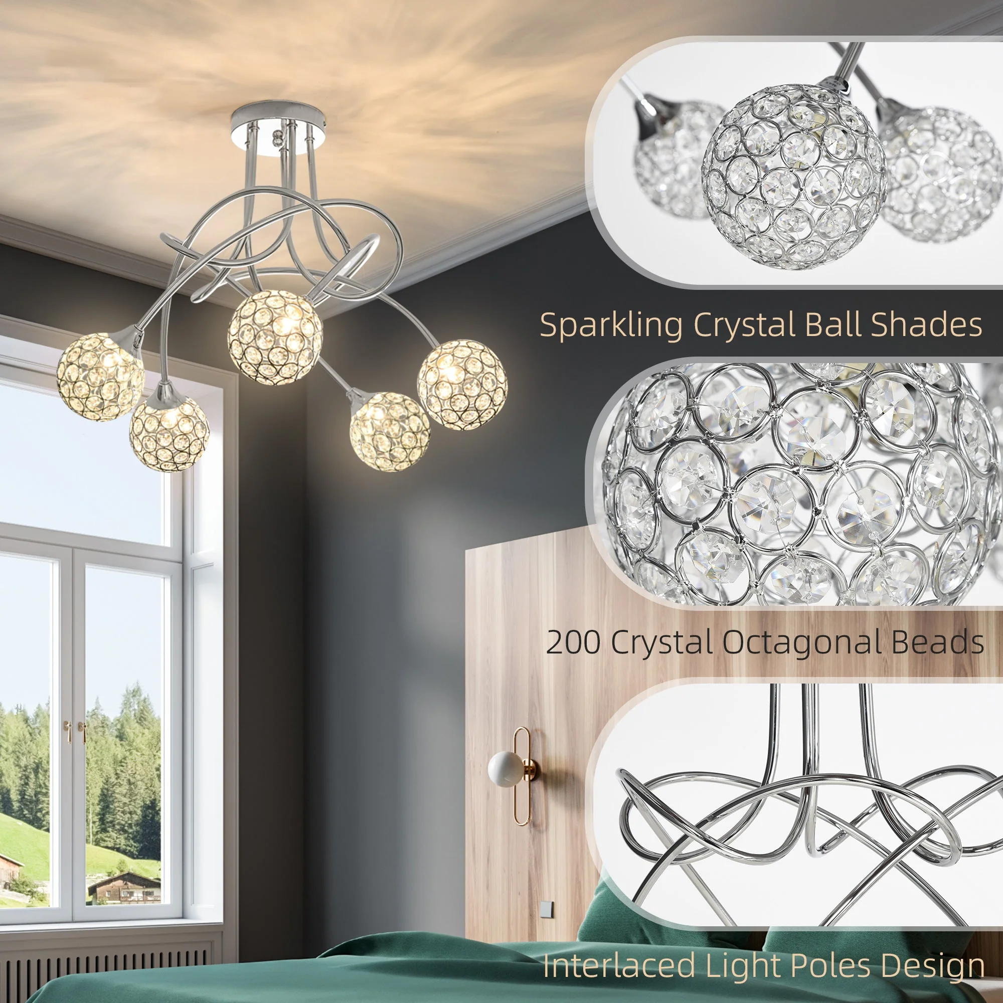 Modern Crystal Ball Chandelier Ceiling Light Pendant Light with 5 Lampshades 5 G9 Bulbs Required Silver - Image 5