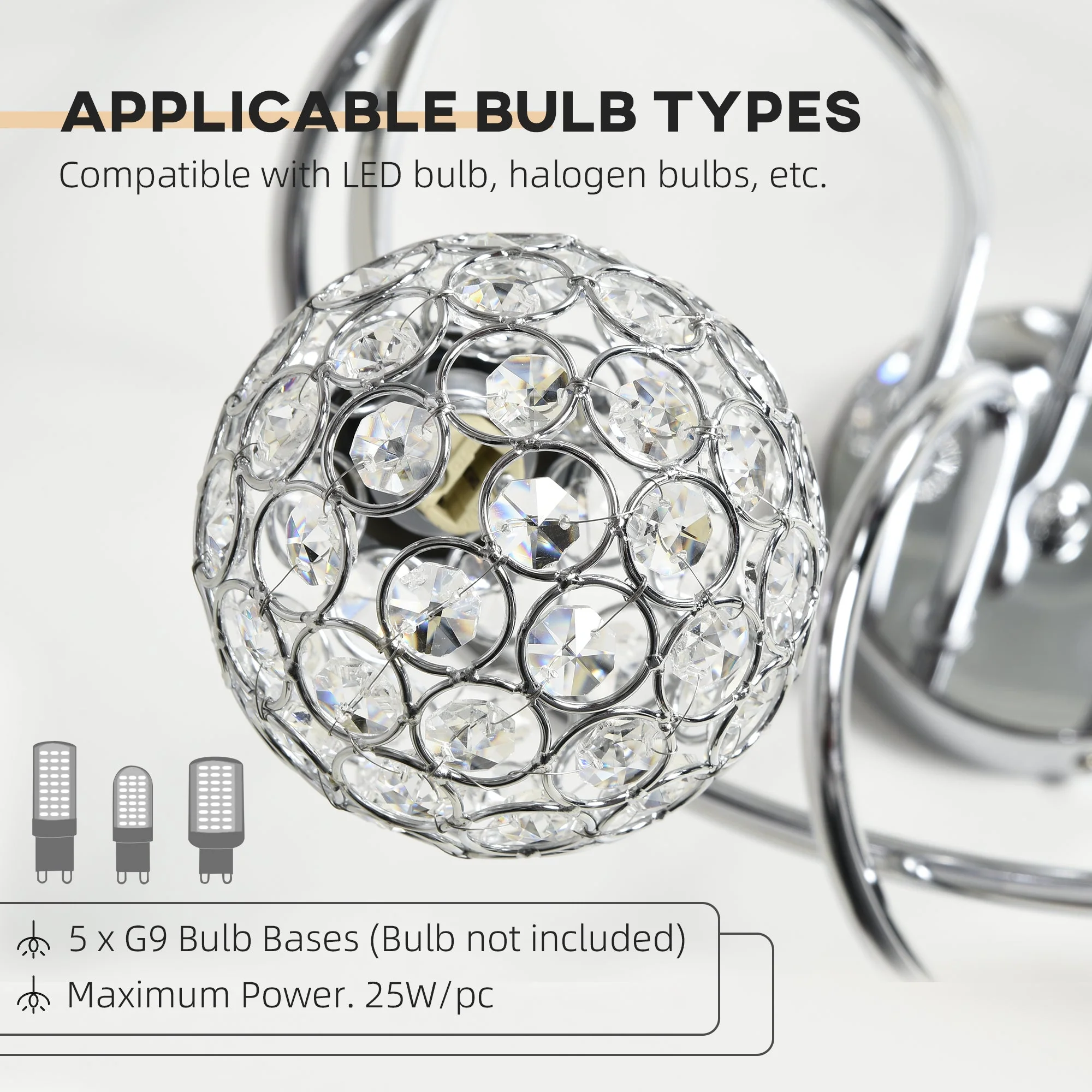 Modern Crystal Ball Chandelier Ceiling Light Pendant Light with 5 Lampshades 5 G9 Bulbs Required Silver - Image 7
