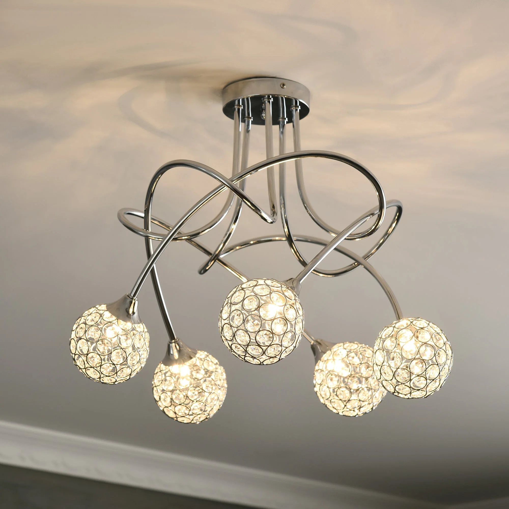 Modern Crystal Ball Chandelier Ceiling Light Pendant Light with 5 Lampshades 5 G9 Bulbs Required Silver - Image 8