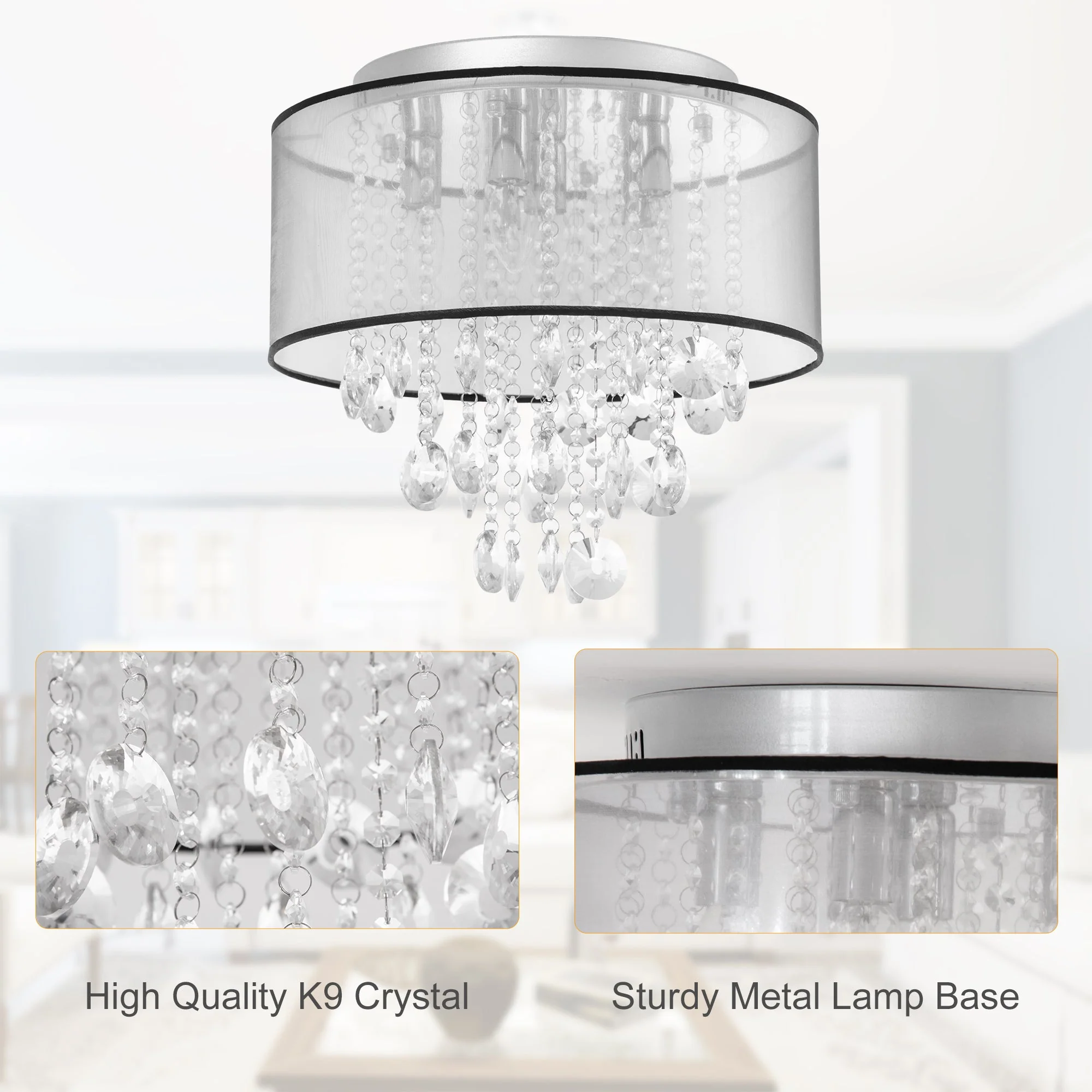 Modern Crystal Chandelier Flush Mount Ceiling Light with Drum Shade for Living Room Bedroom Dining Room Silver - Image 4