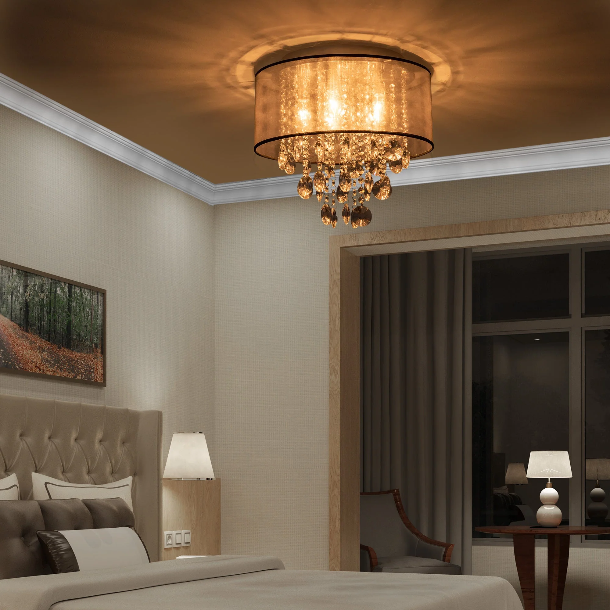Modern Crystal Chandelier Flush Mount Ceiling Light with Drum Shade for Living Room Bedroom Dining Room Silver - Image 6