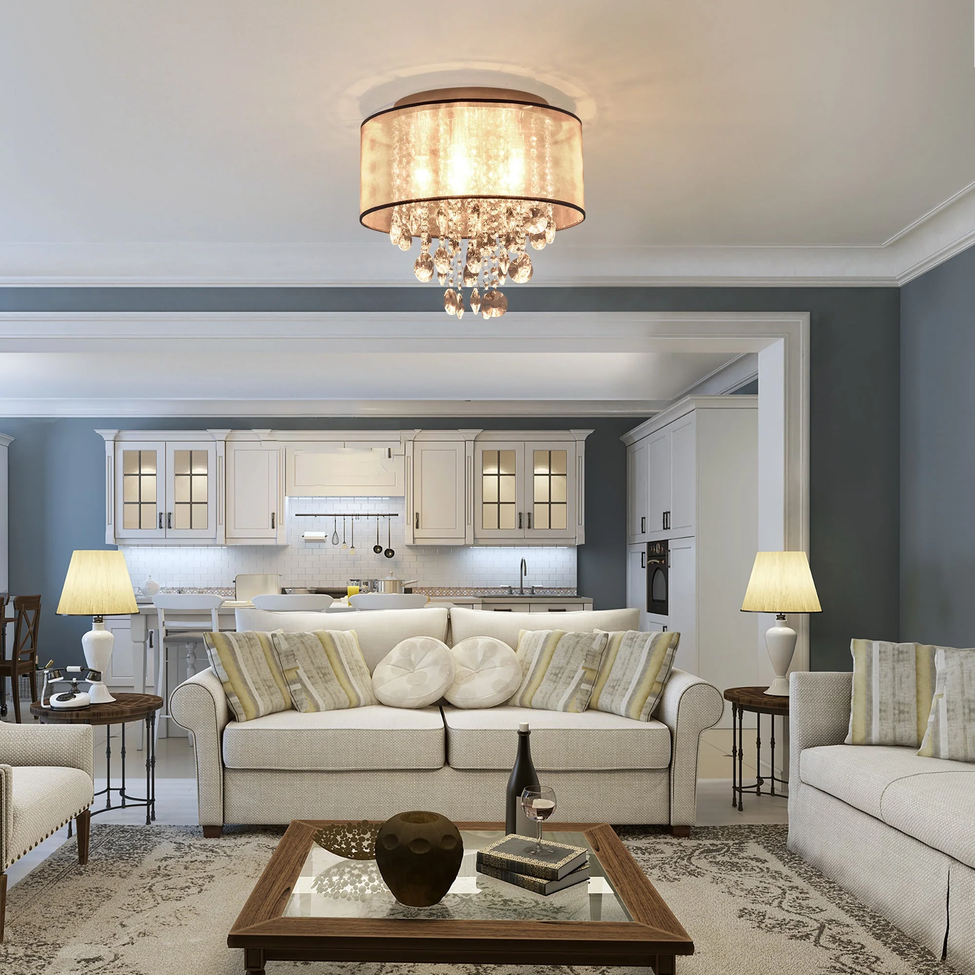 Modern Crystal Chandelier Flush Mount Ceiling Light with Drum Shade for Living Room Bedroom Dining Room Silver - Image 7
